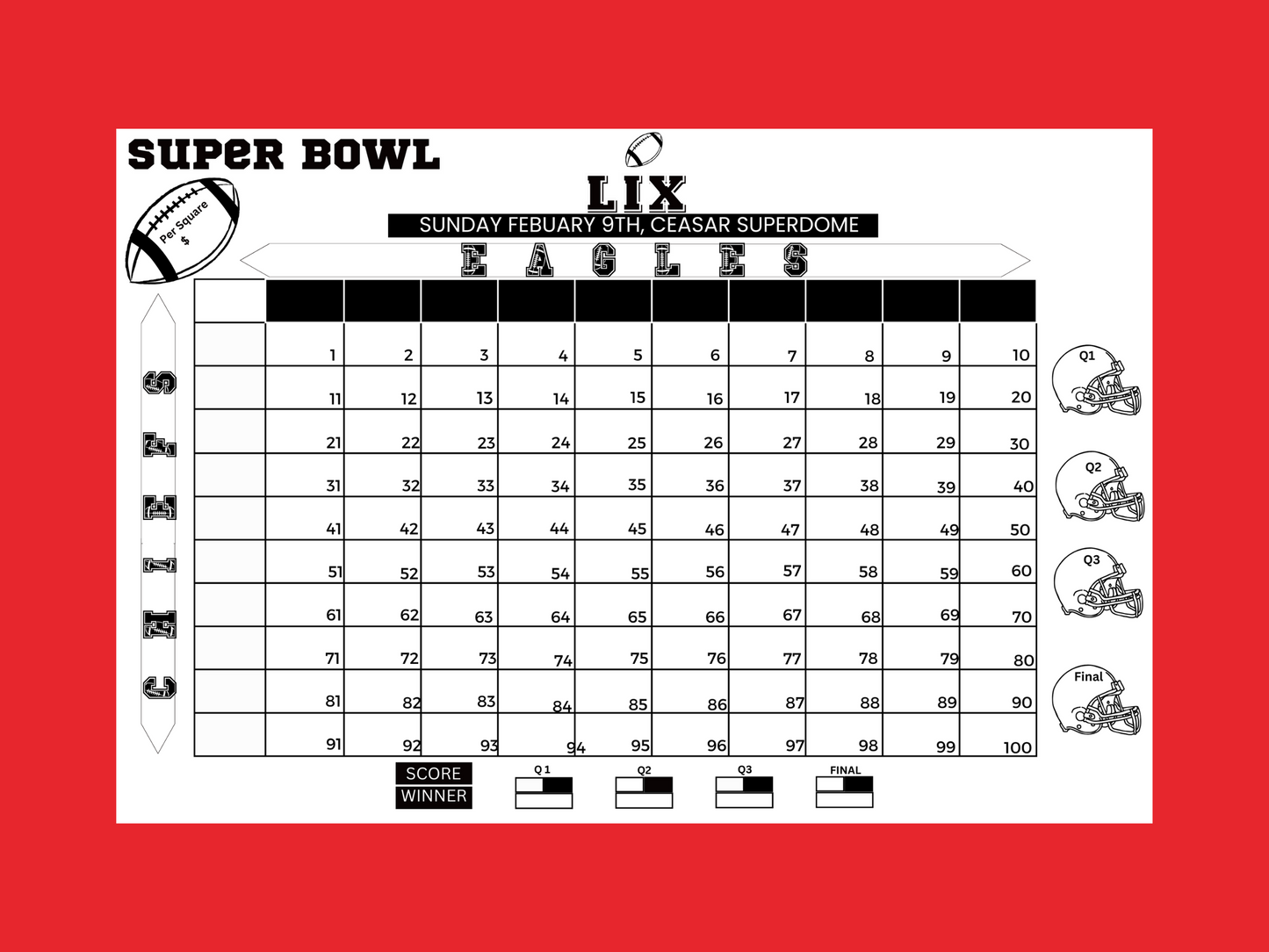 Super Bowl pool game, minimalist, Super Bowl fundraiser game, betting squares, Super Bowl party game, Kansas City, chiefs eagles, Philadelphia,betting pool instant download