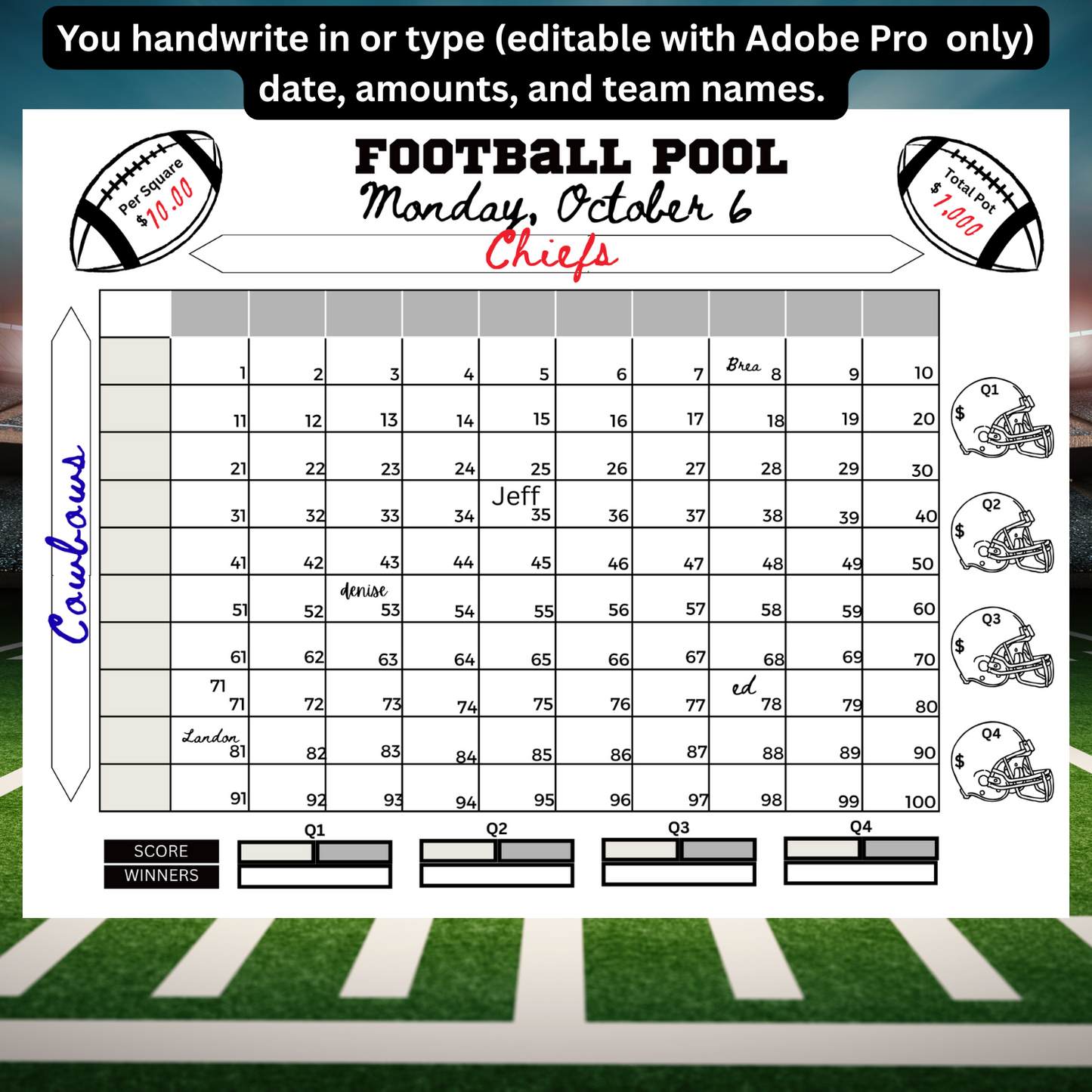Football pool sheet with grid for selecting team scores, on a football field background.