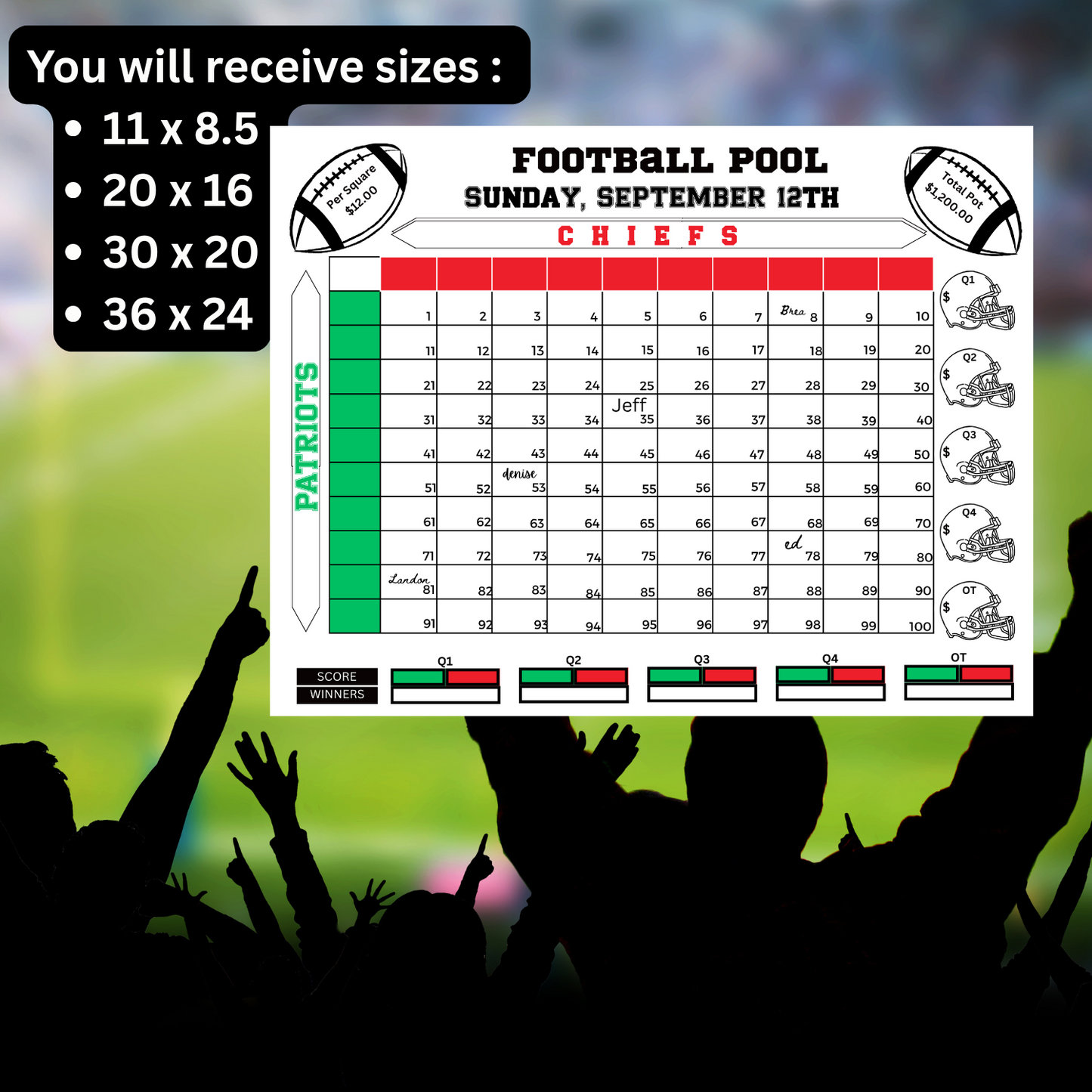 Football Pool 100 Squares Editable Template