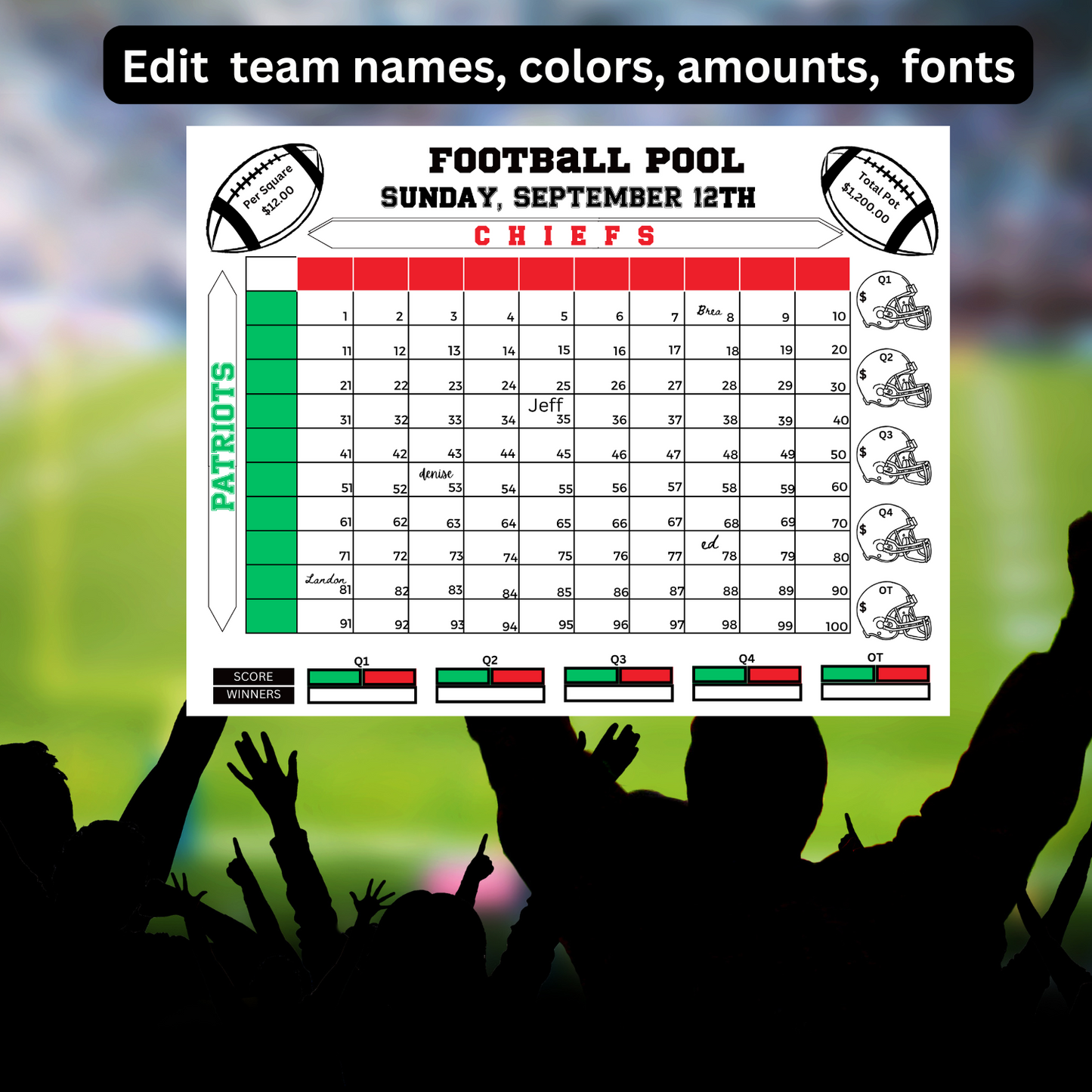 Football Pool 100 Squares Editable Template