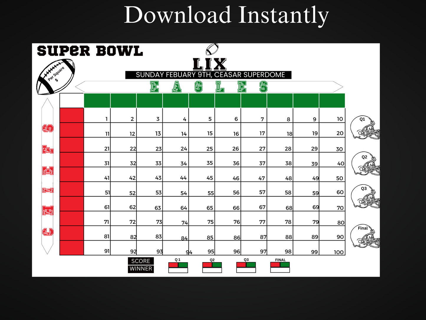 Super Bowl Pool Game MInimal Color 100 Squares Instant Download