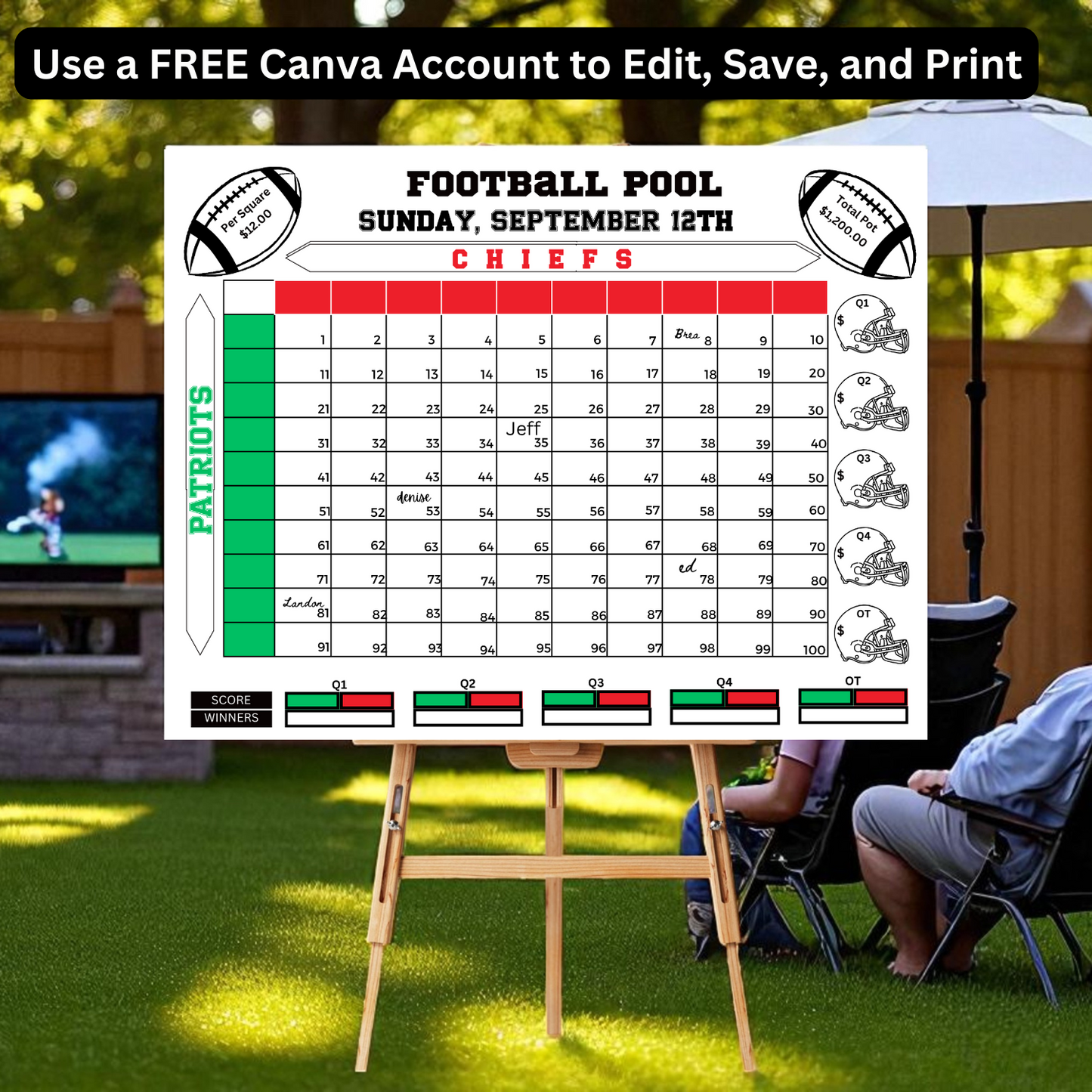 Football Pool 100 Squares Editable Template