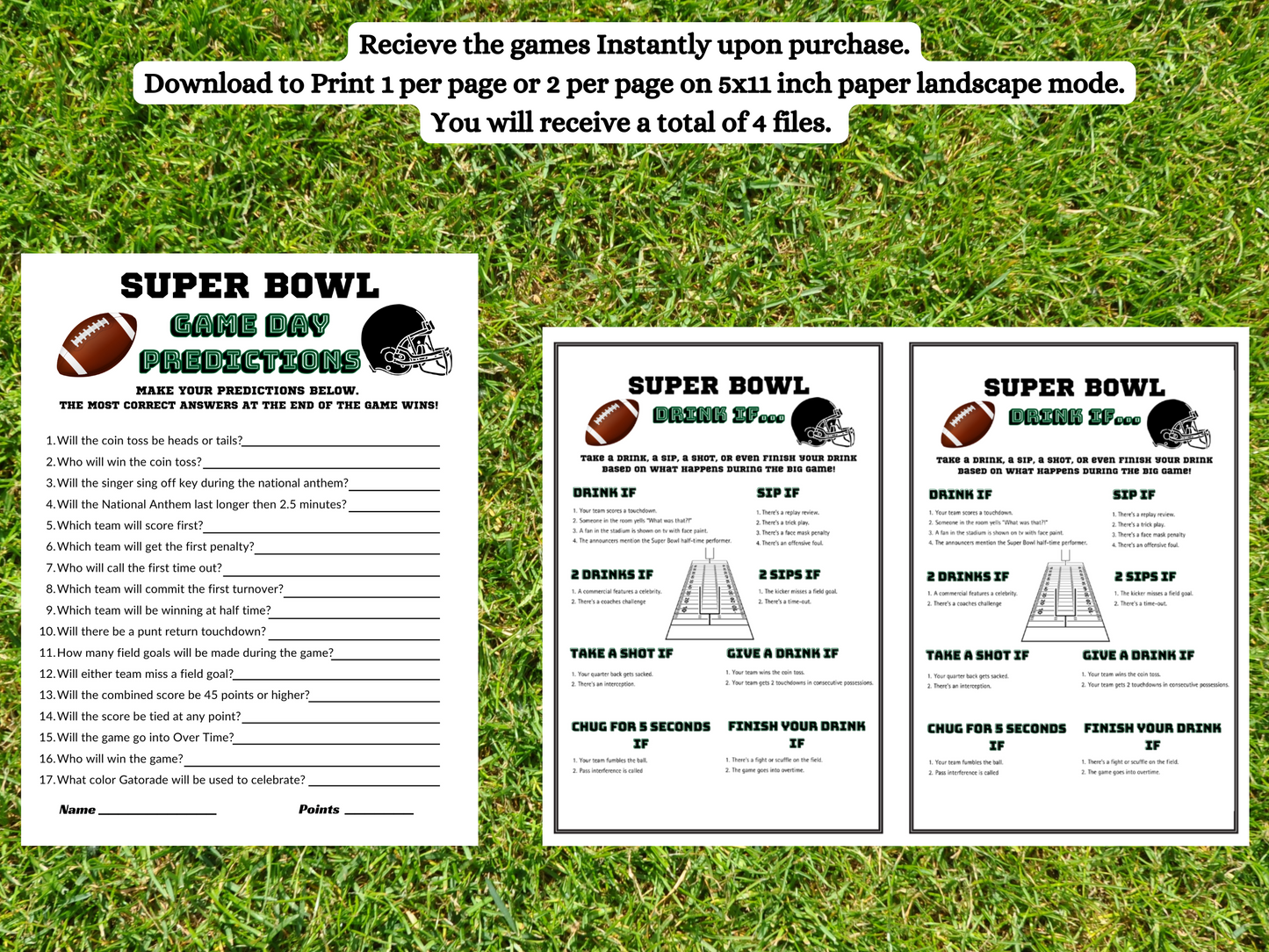Super Game Day Predictions Game 17 exciting questions for your super bowl party, brown football in left corner, black helmet on one side, also super bowl drinking game, drink if...