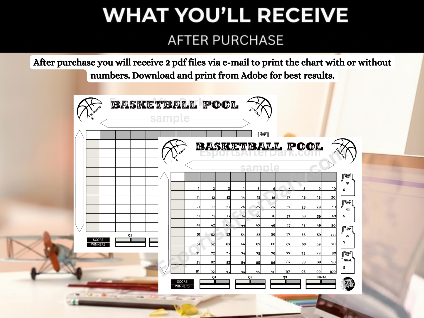 Basketball pool chart with printed text on a desk with stationery items.