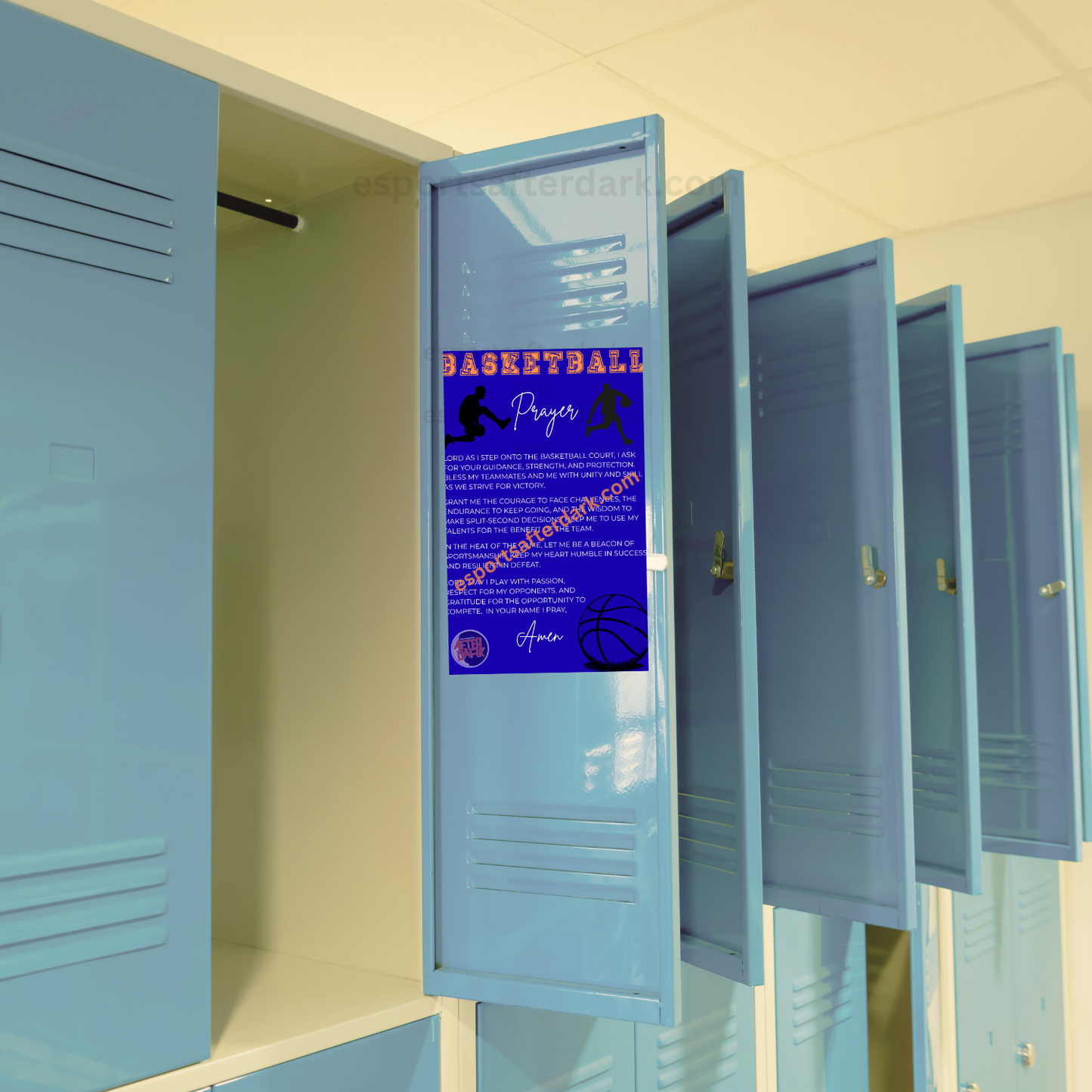 Open blue locker with a basketball-themed poster inside, against a beige wall.