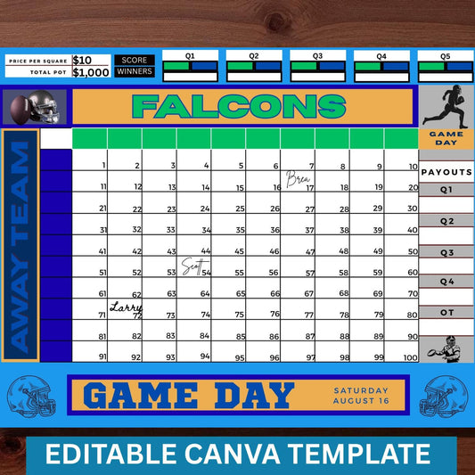 Football Pool 100 Squares Editable Template
