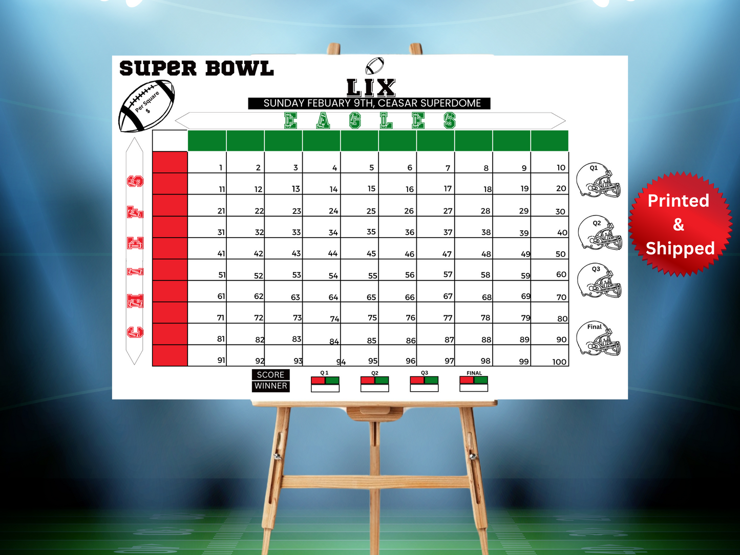 Super Bowl  Betting Pool Squares Sign - Printed + Shipped