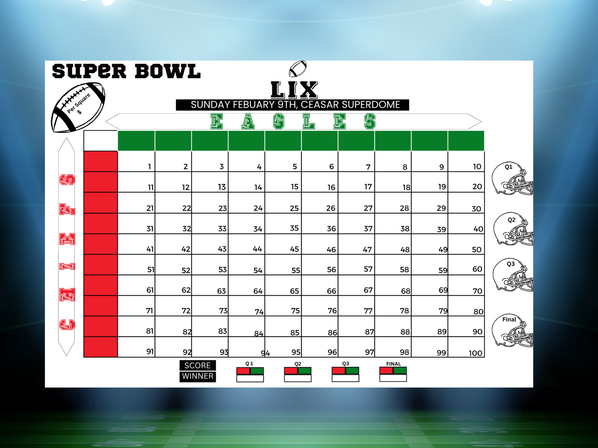 Super Bowl game, instant download, Super Bowl betting squares, eagles, chiefs, football squares,  football fundraiser