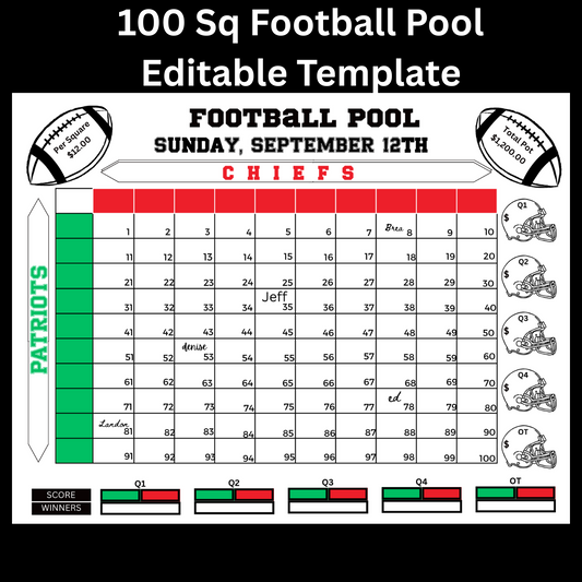 Football Pool 100 Squares Editable Template