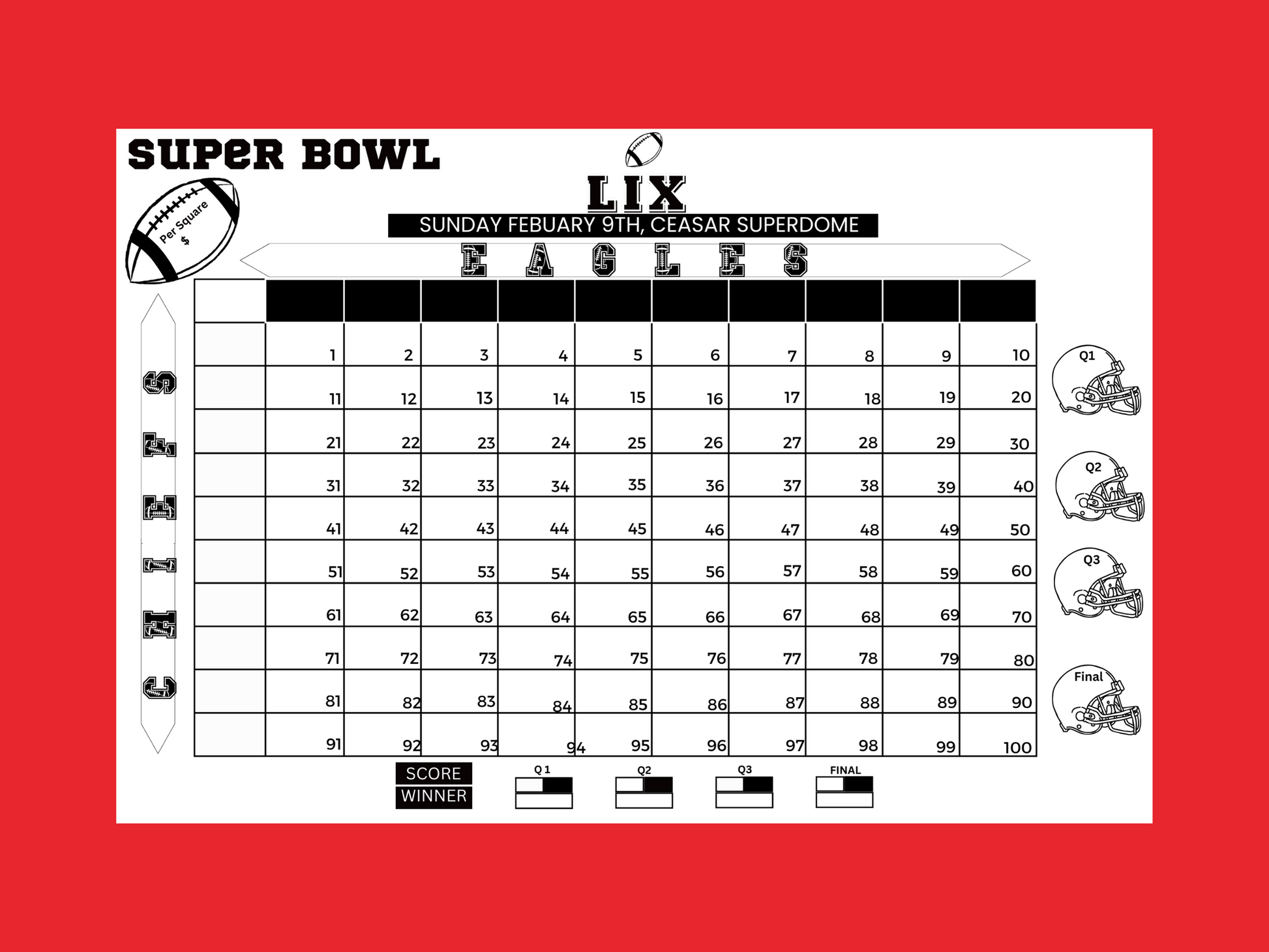 Super Bowl pool game, minimalist, Super Bowl fundraiser game, betting squares, Super Bowl party game, Kansas City, chiefs eagles, Philadelphia,betting pool instant download