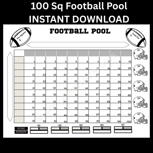 Football Pool 100 Squares With Overtime Instant Download No Account Requied