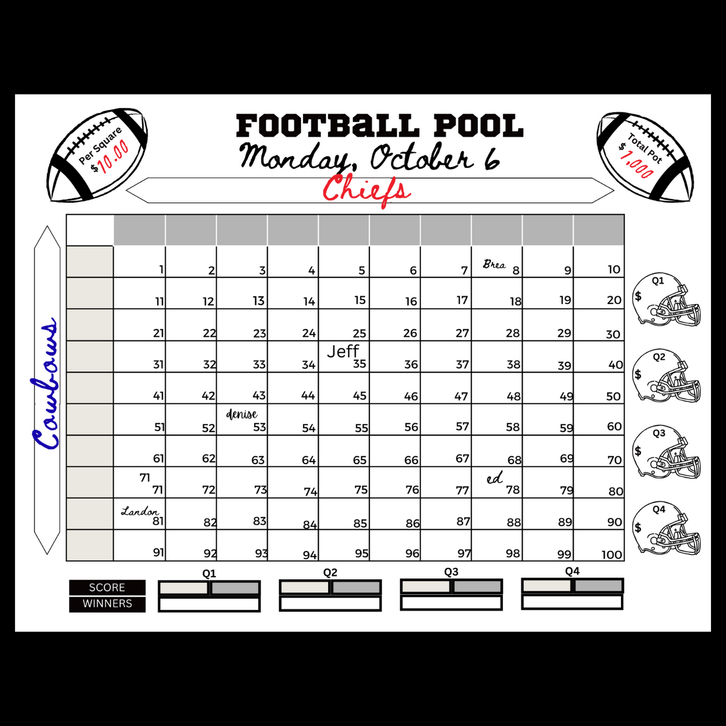 100 Football Squares Pool Game Instant Download Without Overtime (No Accounts Required)