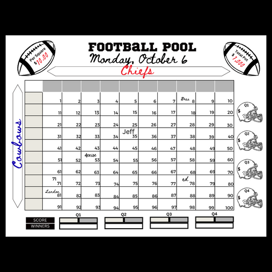 100 Football Squares Pool Game Instant Download Without Overtime (No Accounts Required)