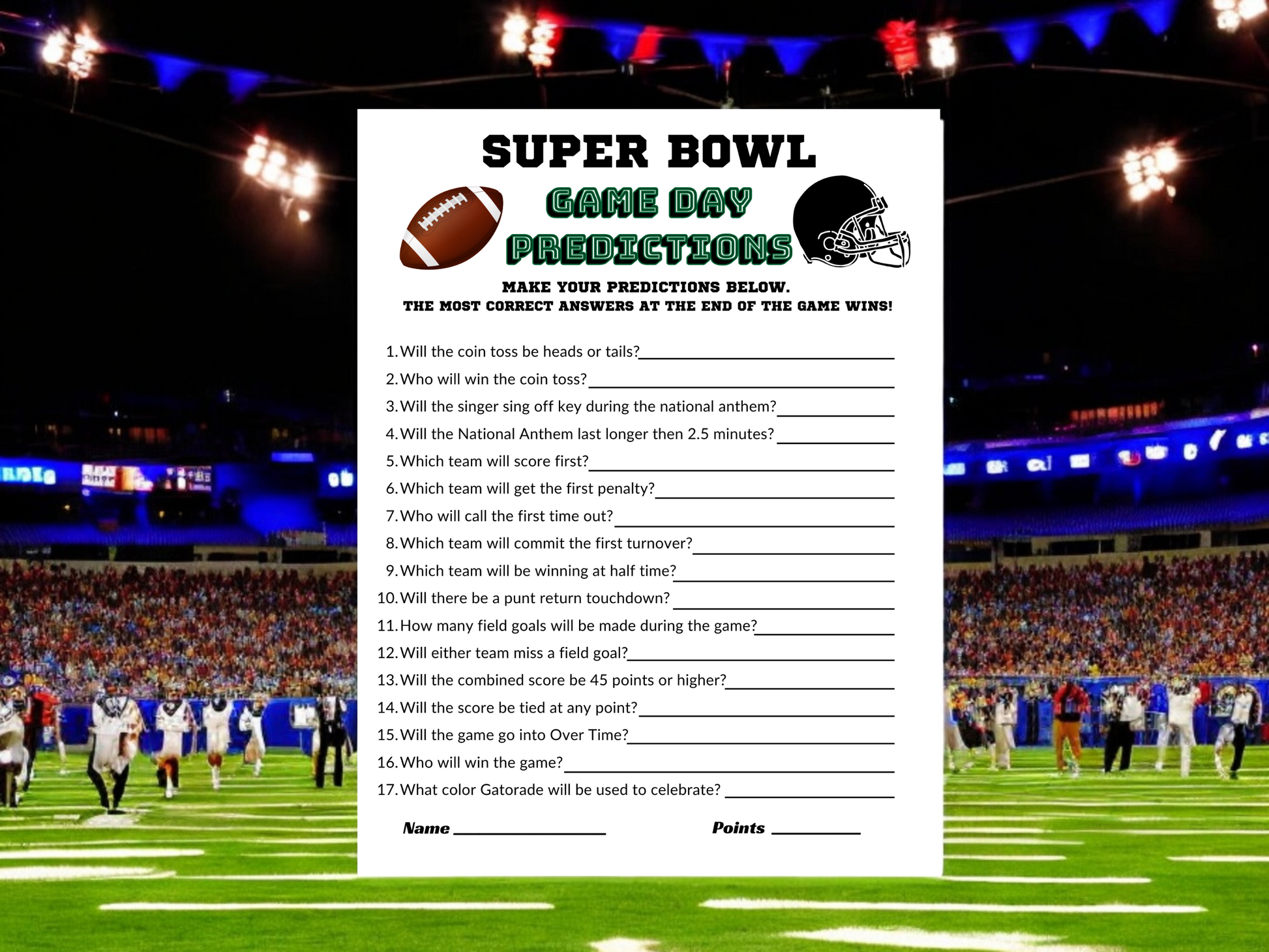 Super Bowl 57 Printable Football Game Predictions for instant download perfect for Super Bowl party games tailgate activities and game day fun