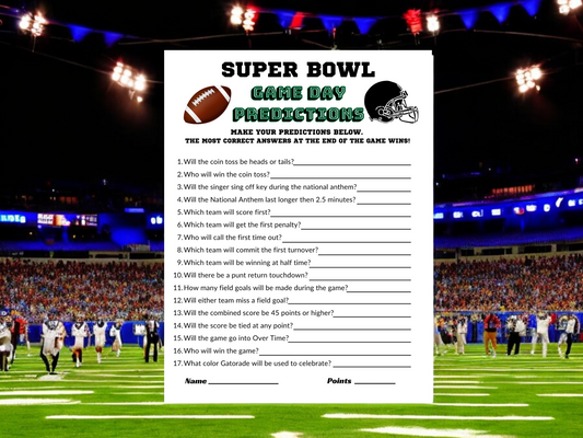 Super Bowl 57 Printable Football Game Predictions for instant download perfect for Super Bowl party games tailgate activities and game day fun