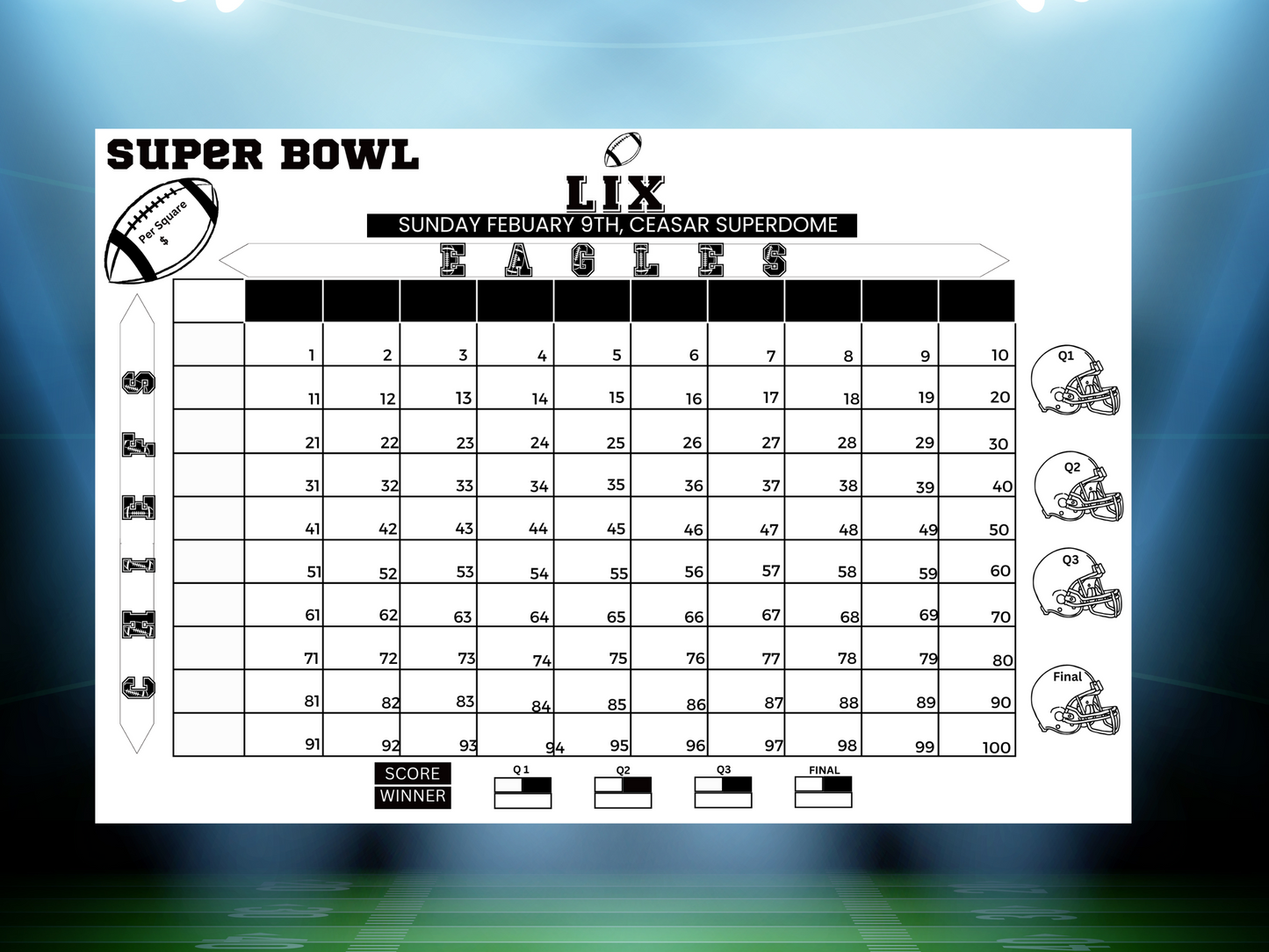 Super Bowl pool game, minimalist, Super Bowl fundraiser game, betting squares, Super Bowl party game, Kansas City, chiefs eagles, Philadelphia,betting pool instant download
