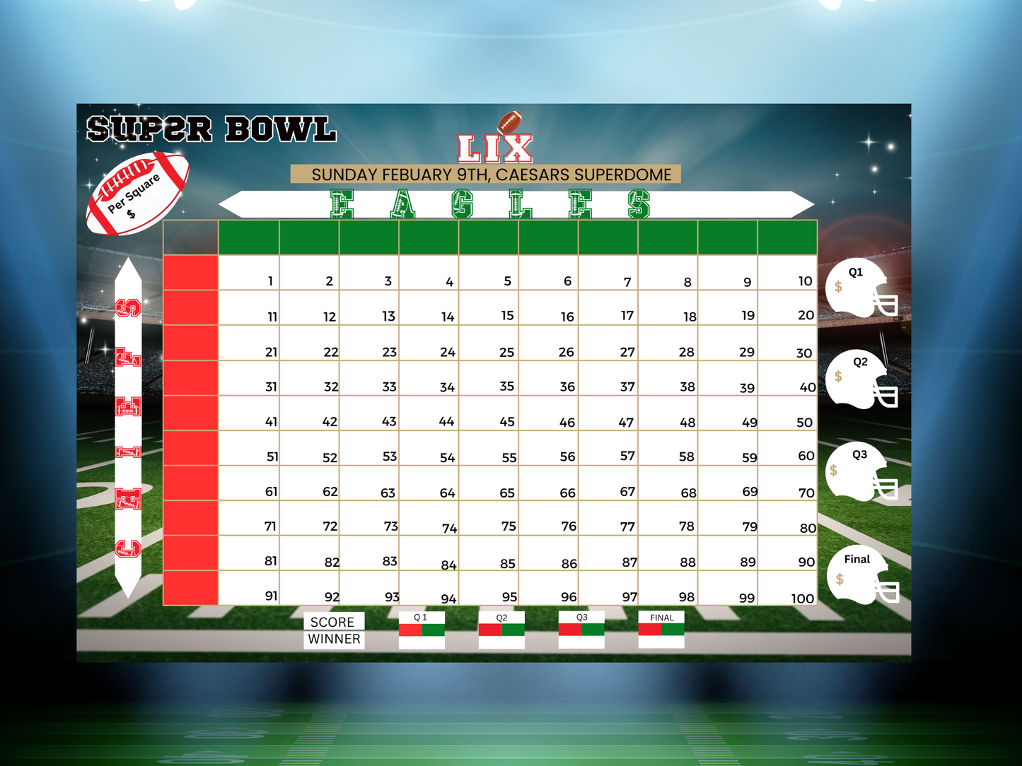 Super Bowl game, instant download, Super Bowl betting squares, eagles, chiefs, football squares,  football fundraiser