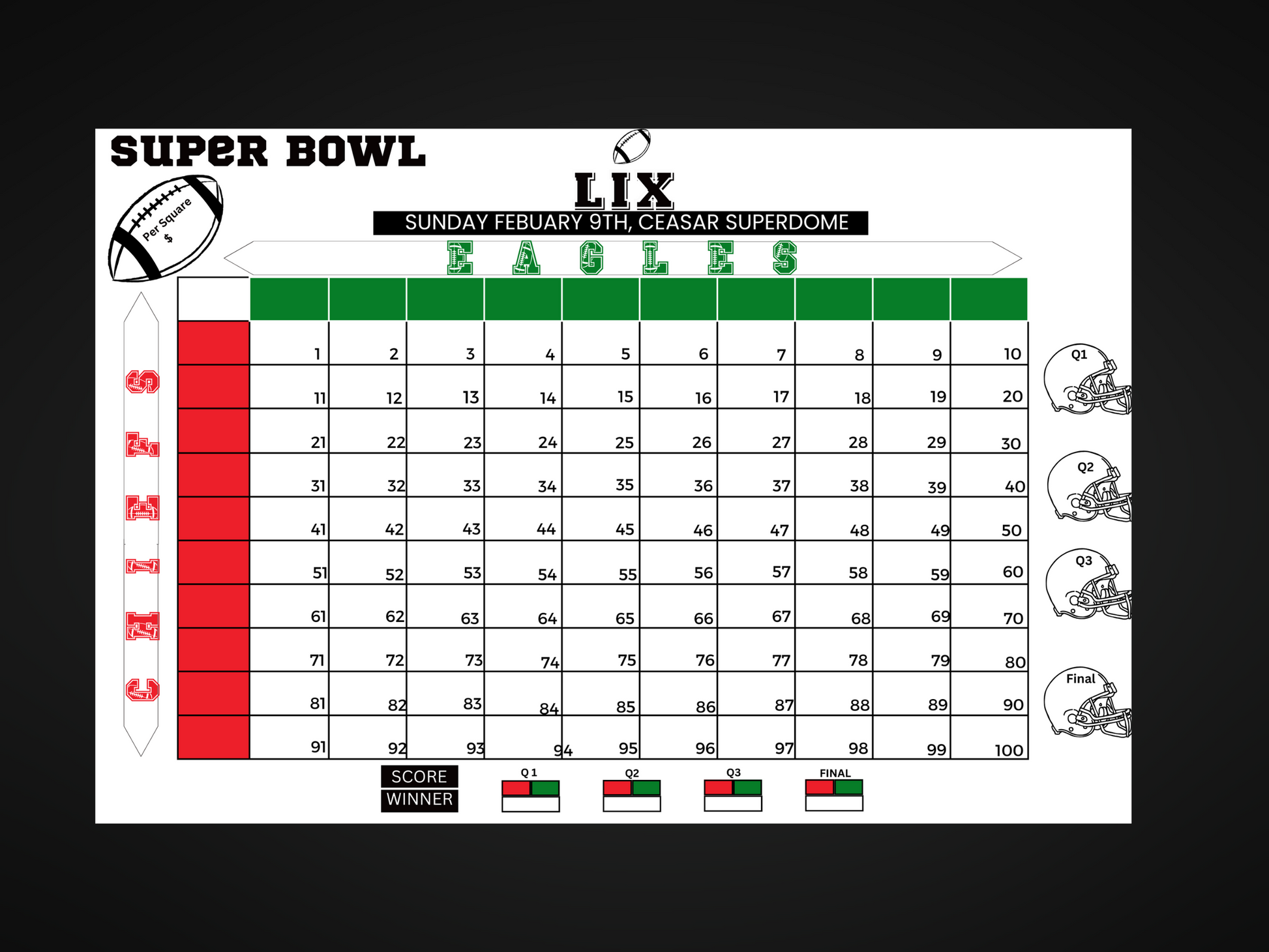 Super Bowl game, Kansas City Chiefs Eagles instant download, Super Bowl betting squares, eagles, chiefs, football squares,  football fundraiser