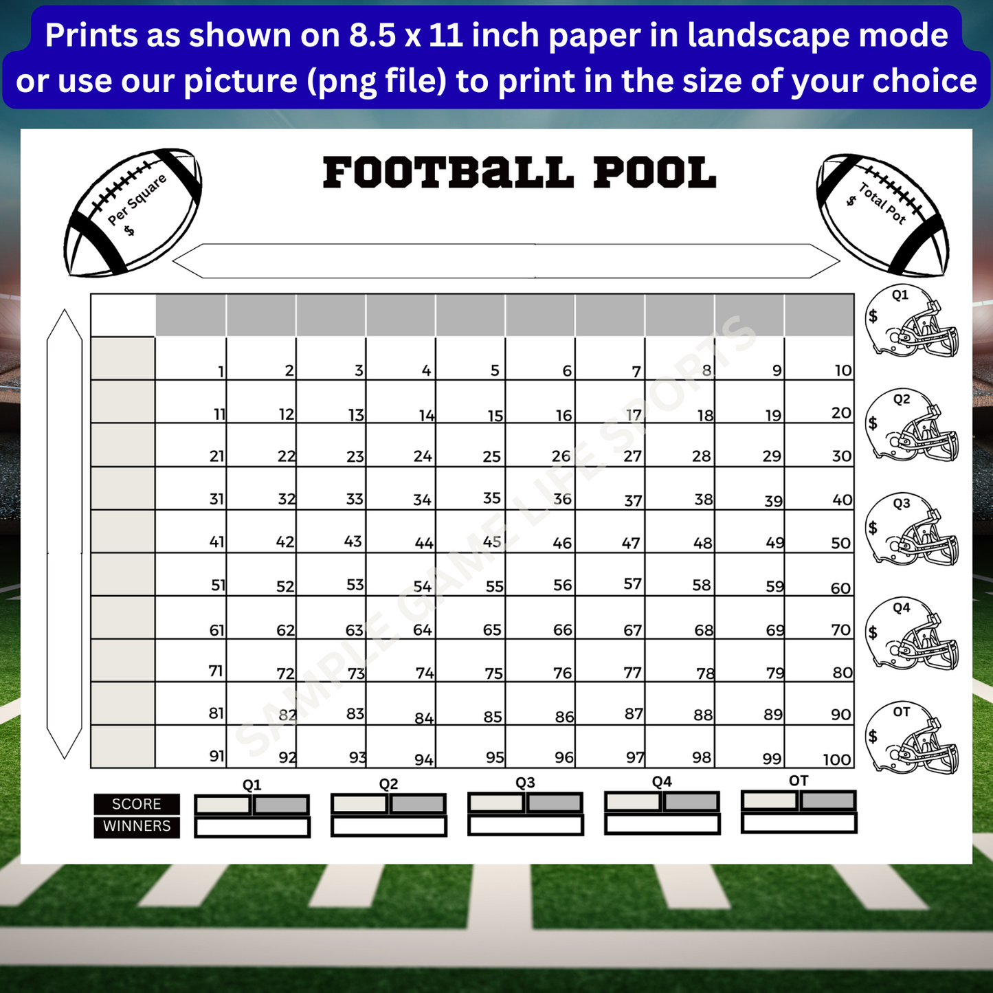 Football Pool 100 Squares With Overtime Instant Download No Account Requied