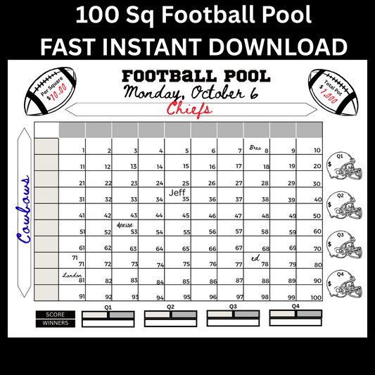 Football pool sheet with scoring system and text on a black background