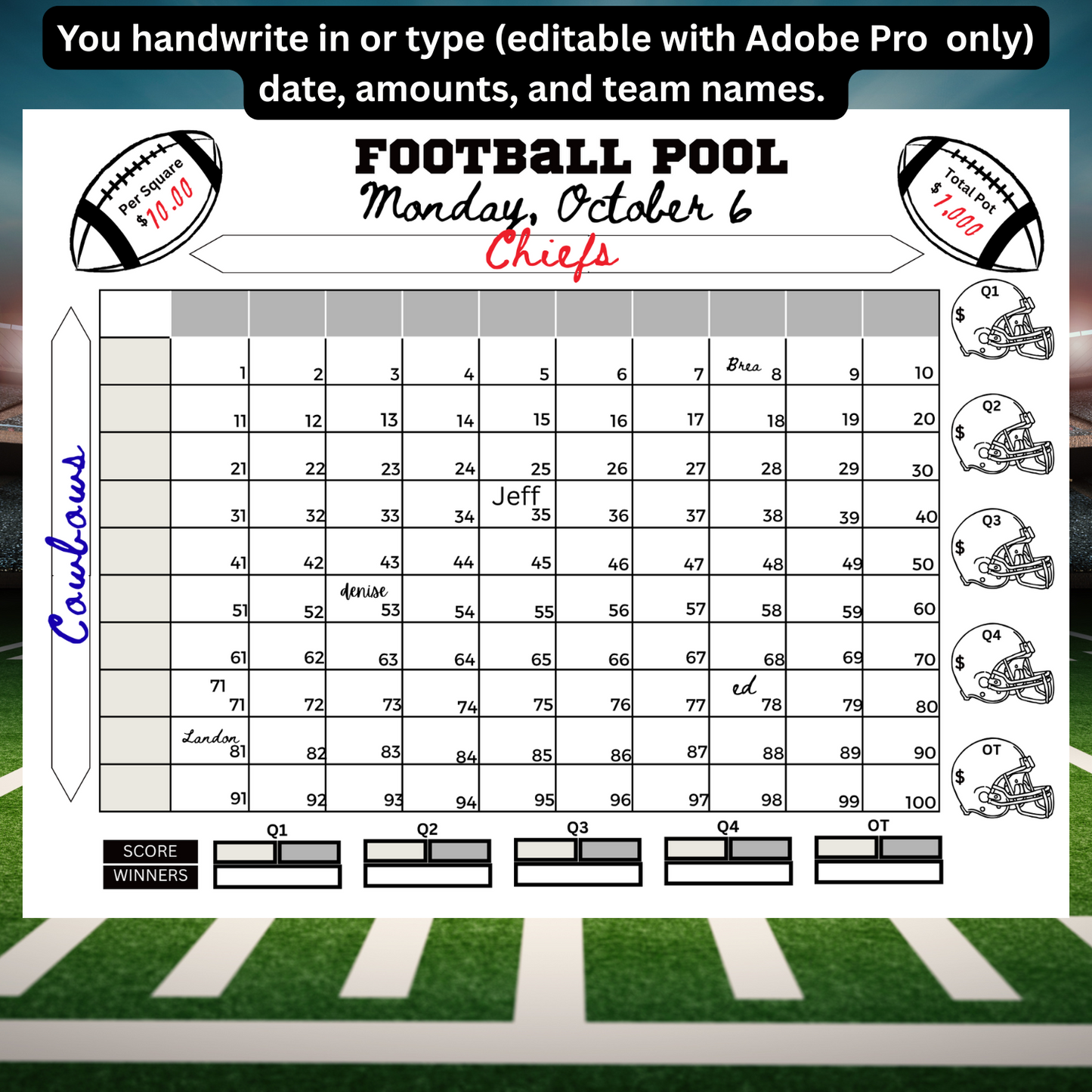 Football Pool 100 Squares With Overtime Instant Download No Account Requied