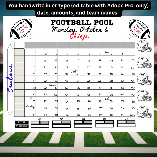 Football Pool 100 Squares With Overtime Instant Download No Account Requied