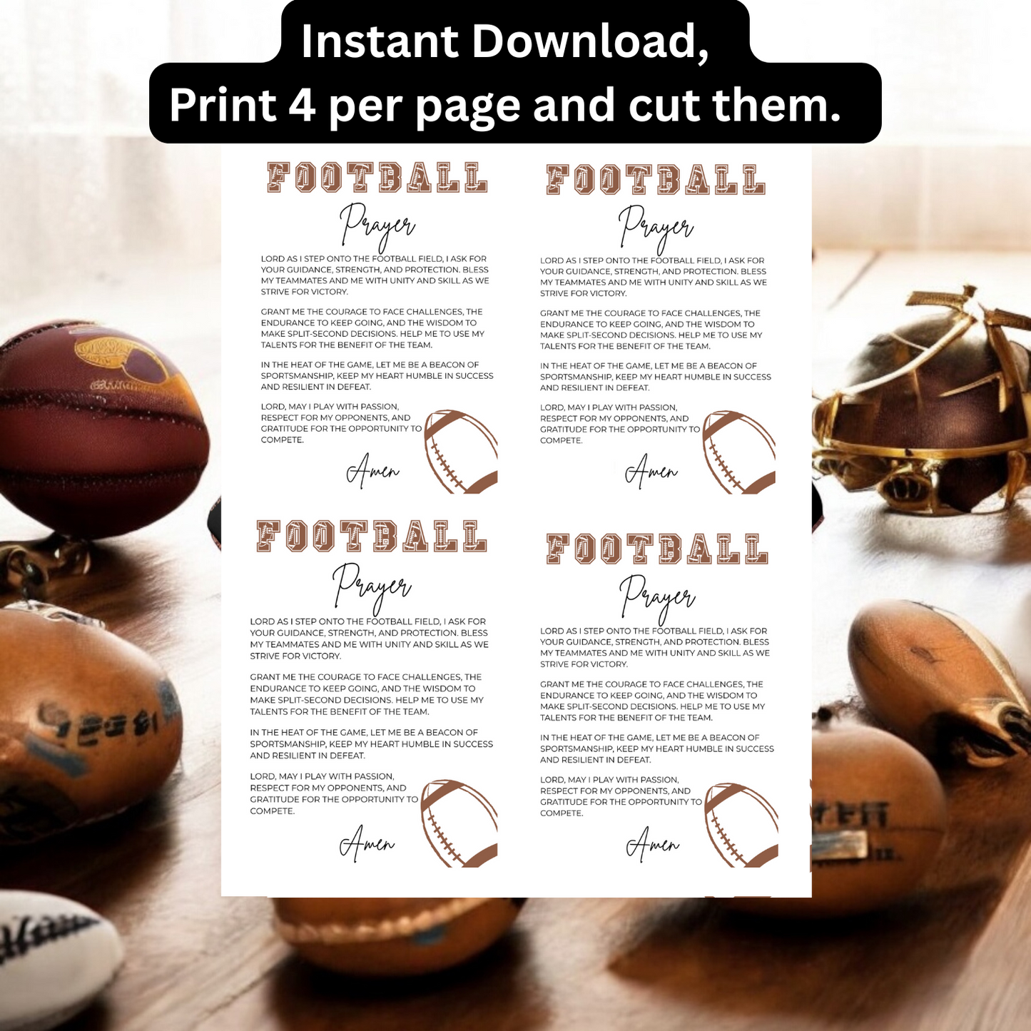 Instant Download Football Prayer Card-Inspirational Sports Prayer for Athletes, Coaches, Teams, and Families. (Printable)