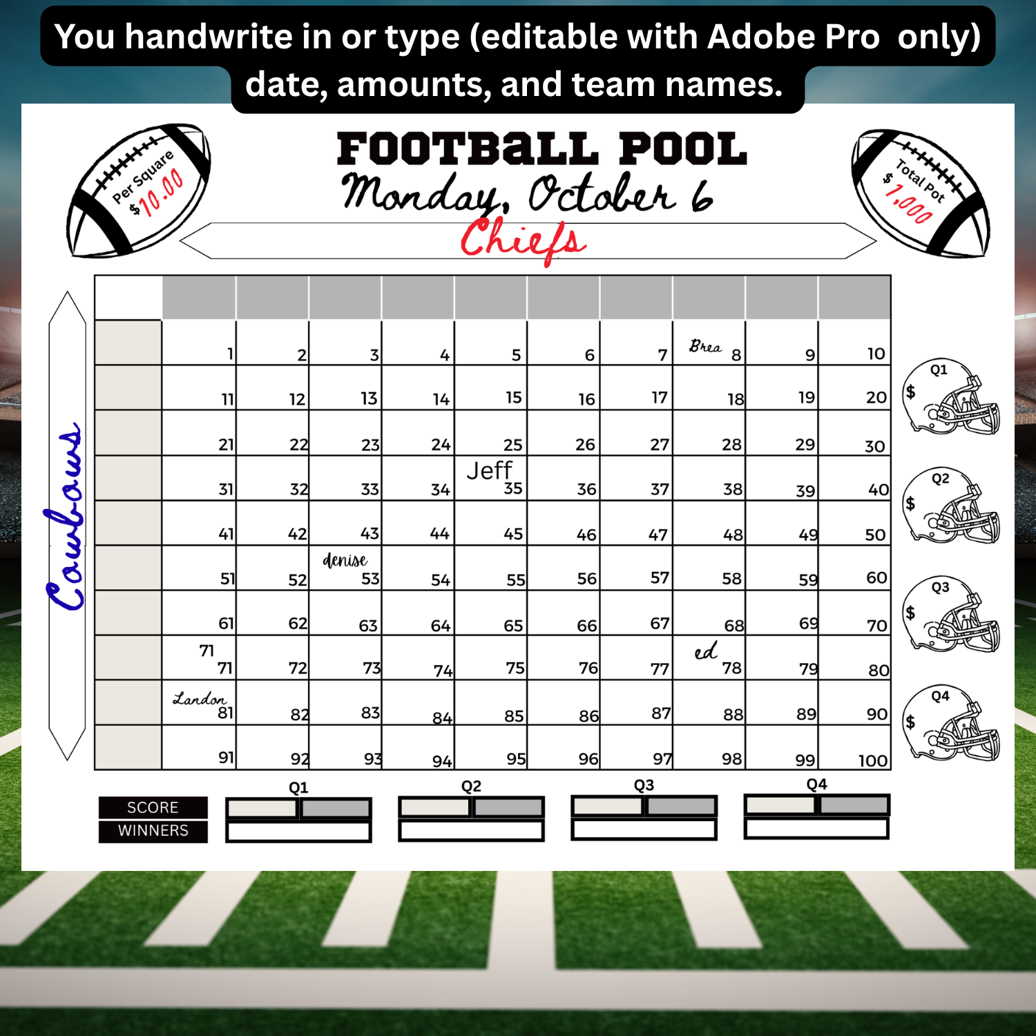 Football pool sheet with grid for selecting team scores, on a football field background.