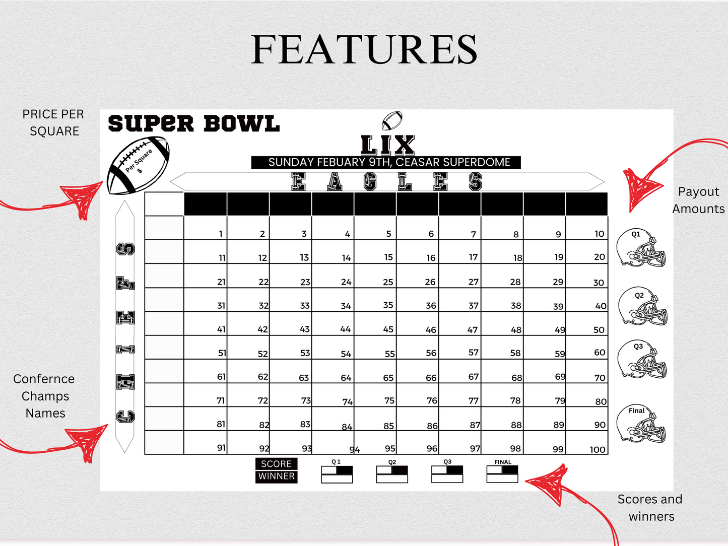 Super Bowl pool game, minimalist, Super Bowl fundraiser game, betting squares, Super Bowl party game, Kansas City, chiefs eagles, Philadelphia,betting pool instant download