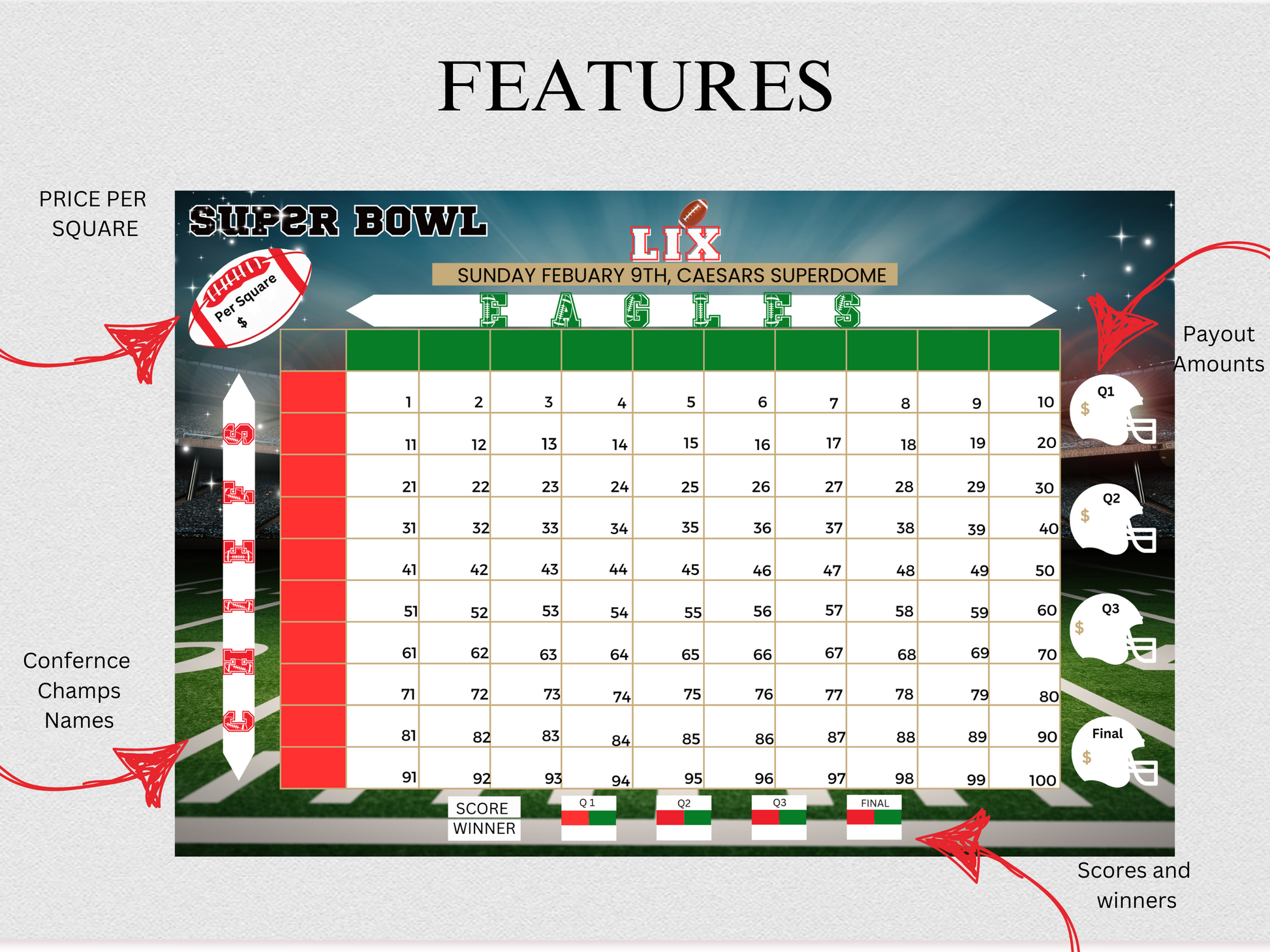 Super Bowl game, instant download, Super Bowl betting squares, eagles, chiefs, football squares,  football fundraiser