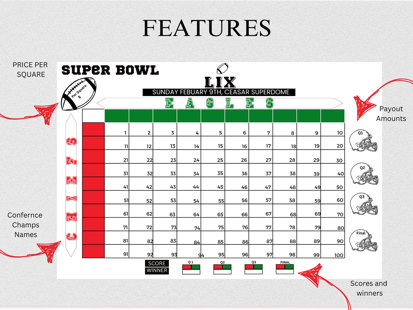 Super Bowl game, Kansas City Chiefs Eagles instant download, Super Bowl betting squares, eagles, chiefs, football squares,  football fundraiser