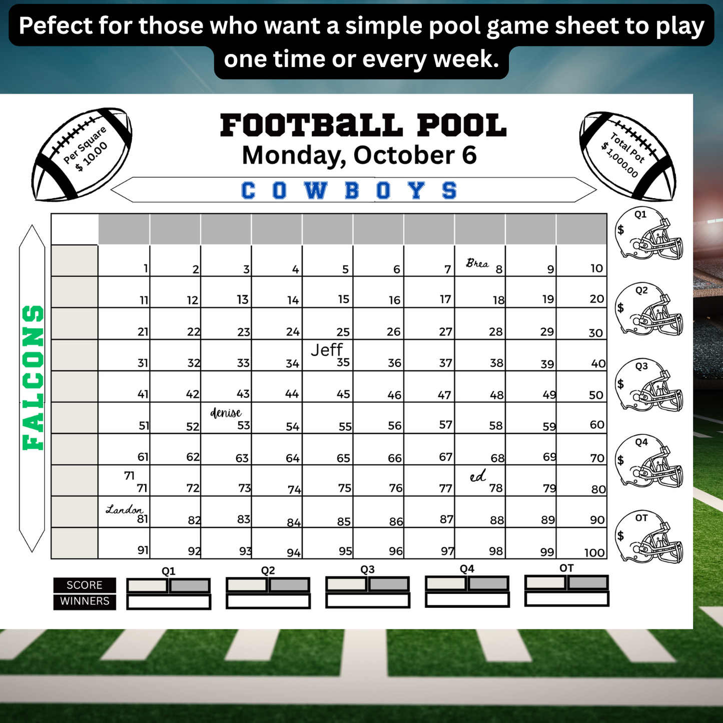Football Pool 100 Squares With Overtime Instant Download No Account Requied