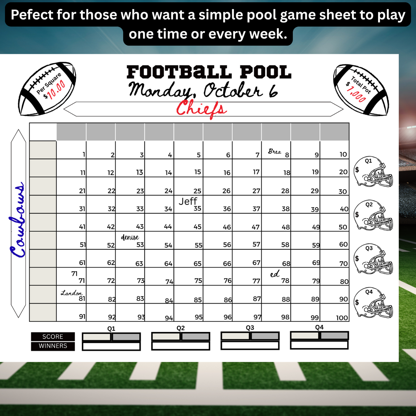 Football pool sheet for the Chiefs game on Monday, October 6th with scoring system.