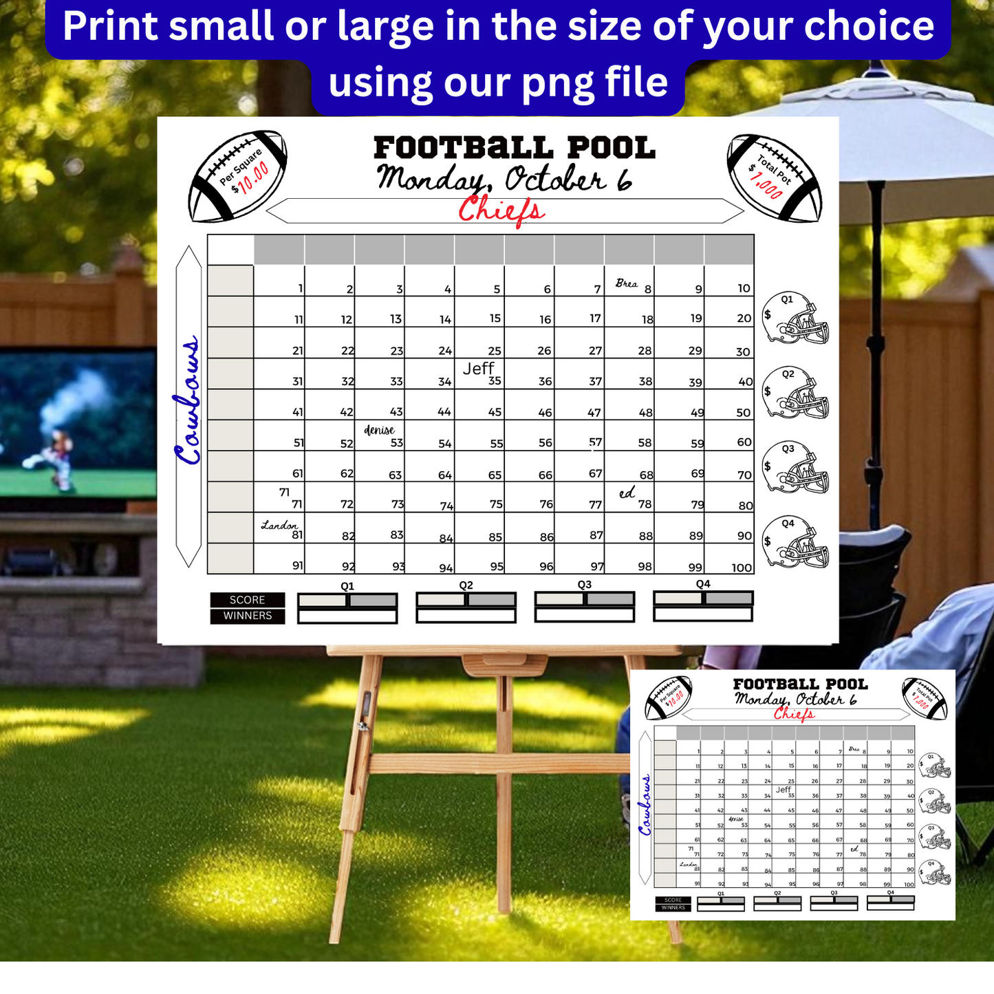 Football pool sheet on an easel outdoors with a TV in the background