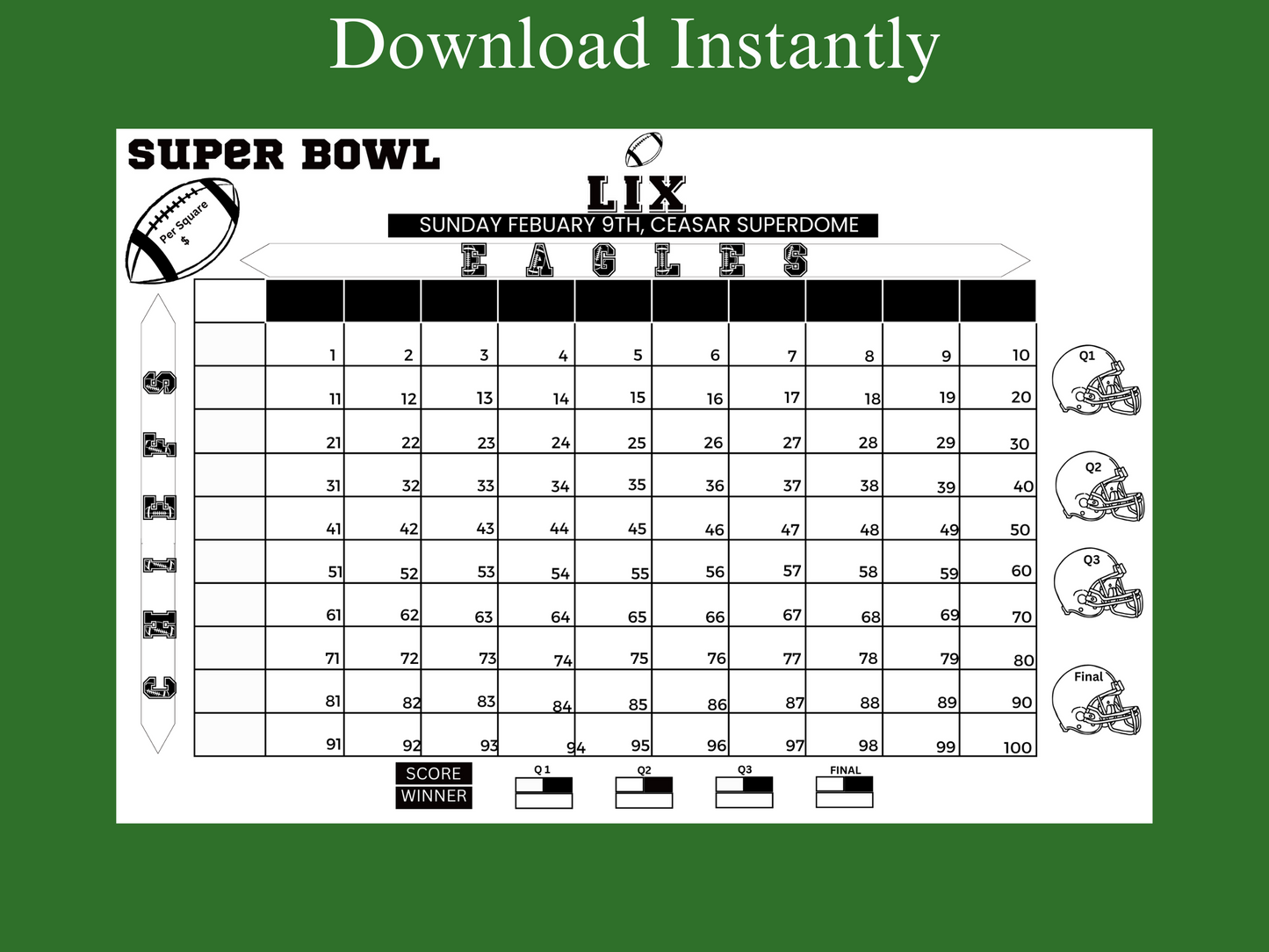 Super Bowl pool game, minimalist, Super Bowl fundraiser game, betting squares, Super Bowl party game, Kansas City, chiefs eagles, Philadelphia,betting pool instant download