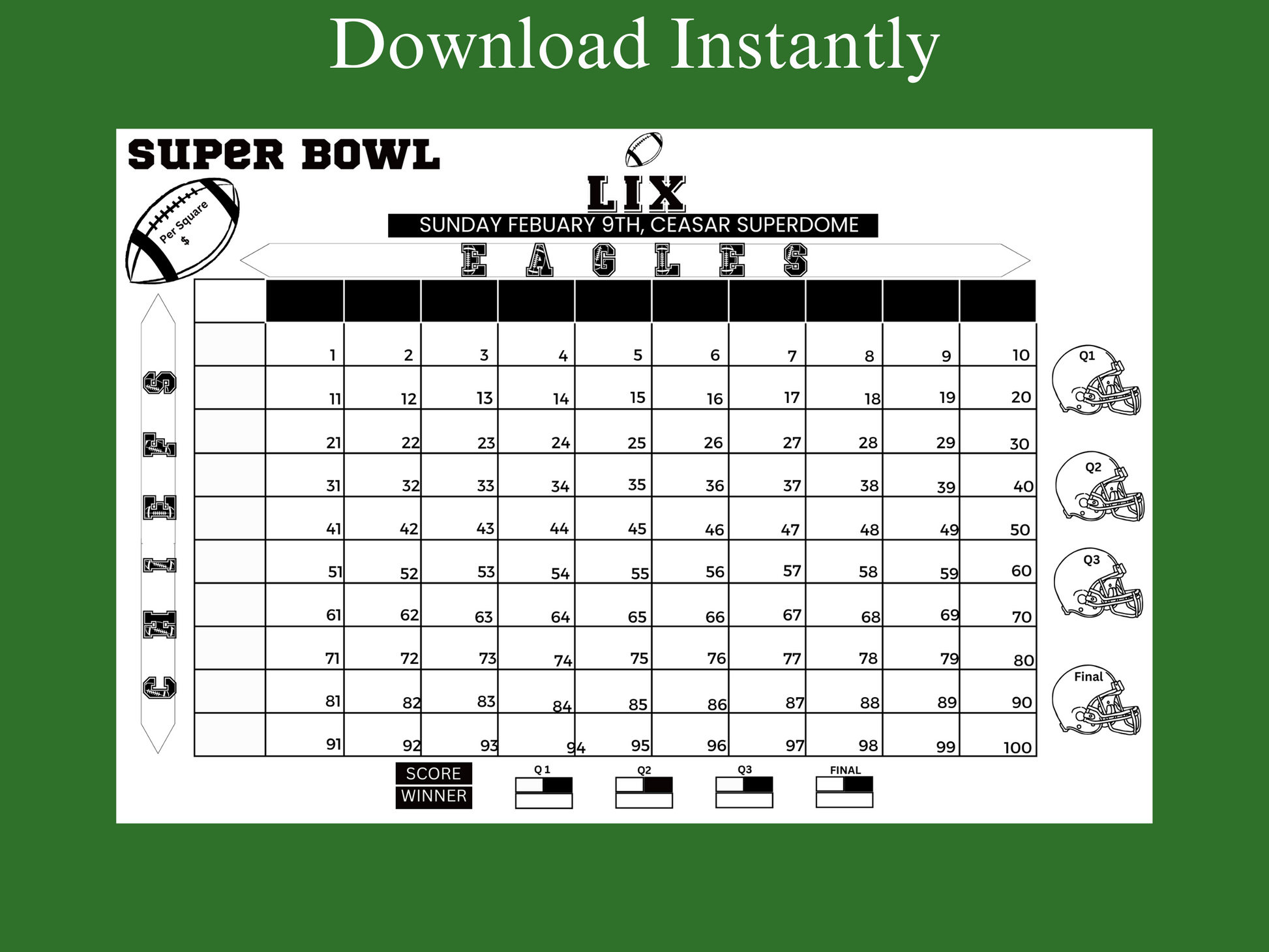 Super Bowl pool game, minimalist, Super Bowl fundraiser game, betting squares, Super Bowl party game, Kansas City, chiefs eagles, Philadelphia,betting pool instant download