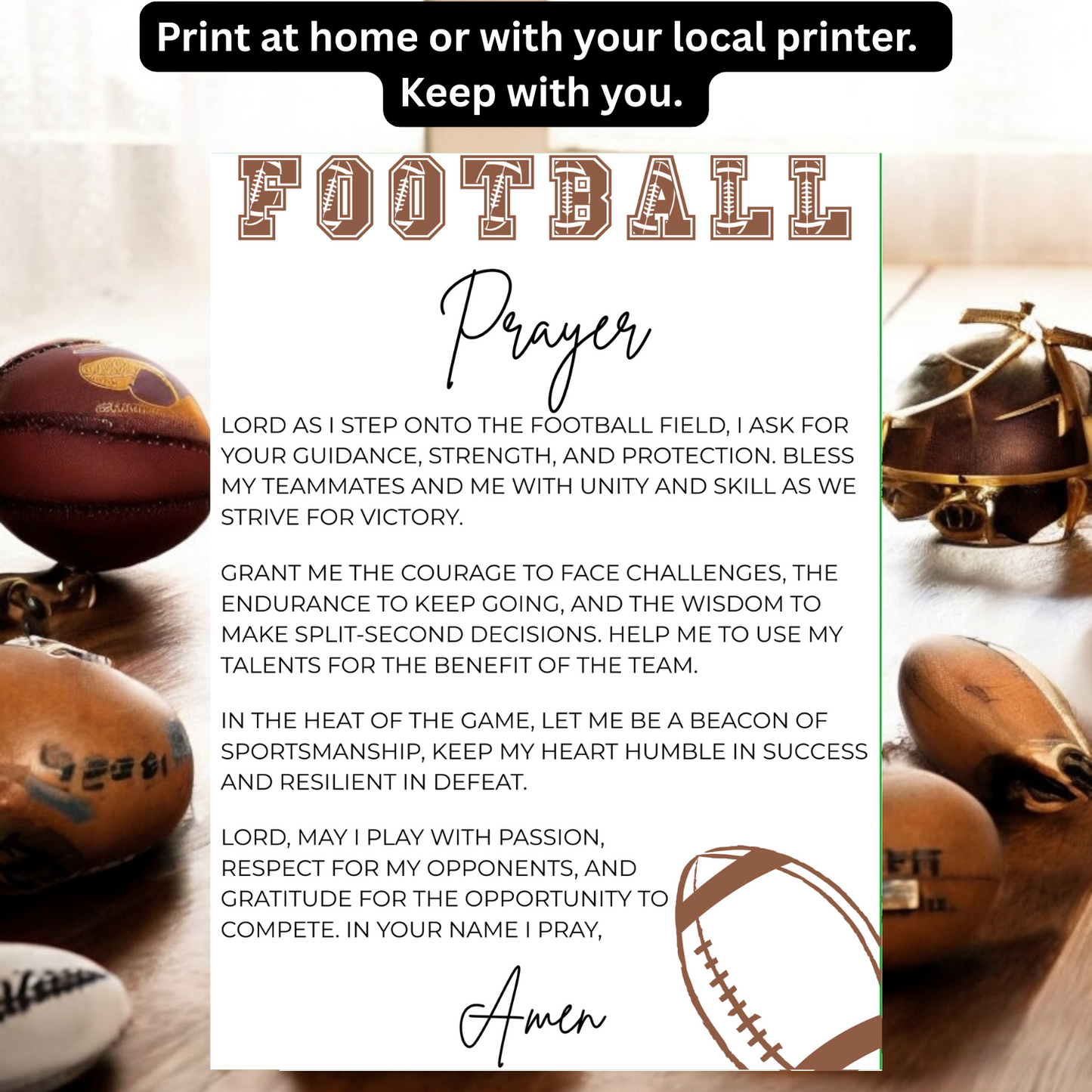 Instant Download Football Prayer Card-Inspirational Sports Prayer for Athletes, Coaches, Teams, and Families. (Printable)