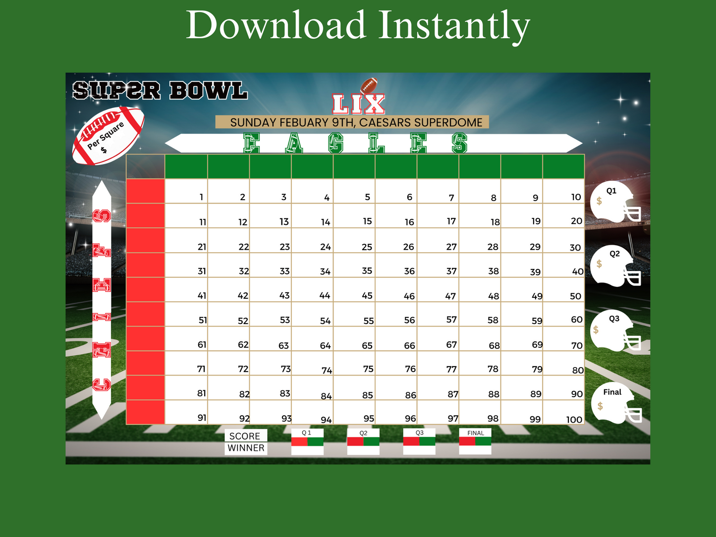 Super Bowl game, instant download, Super Bowl betting squares, eagles, chiefs, football squares,  football fundraiser