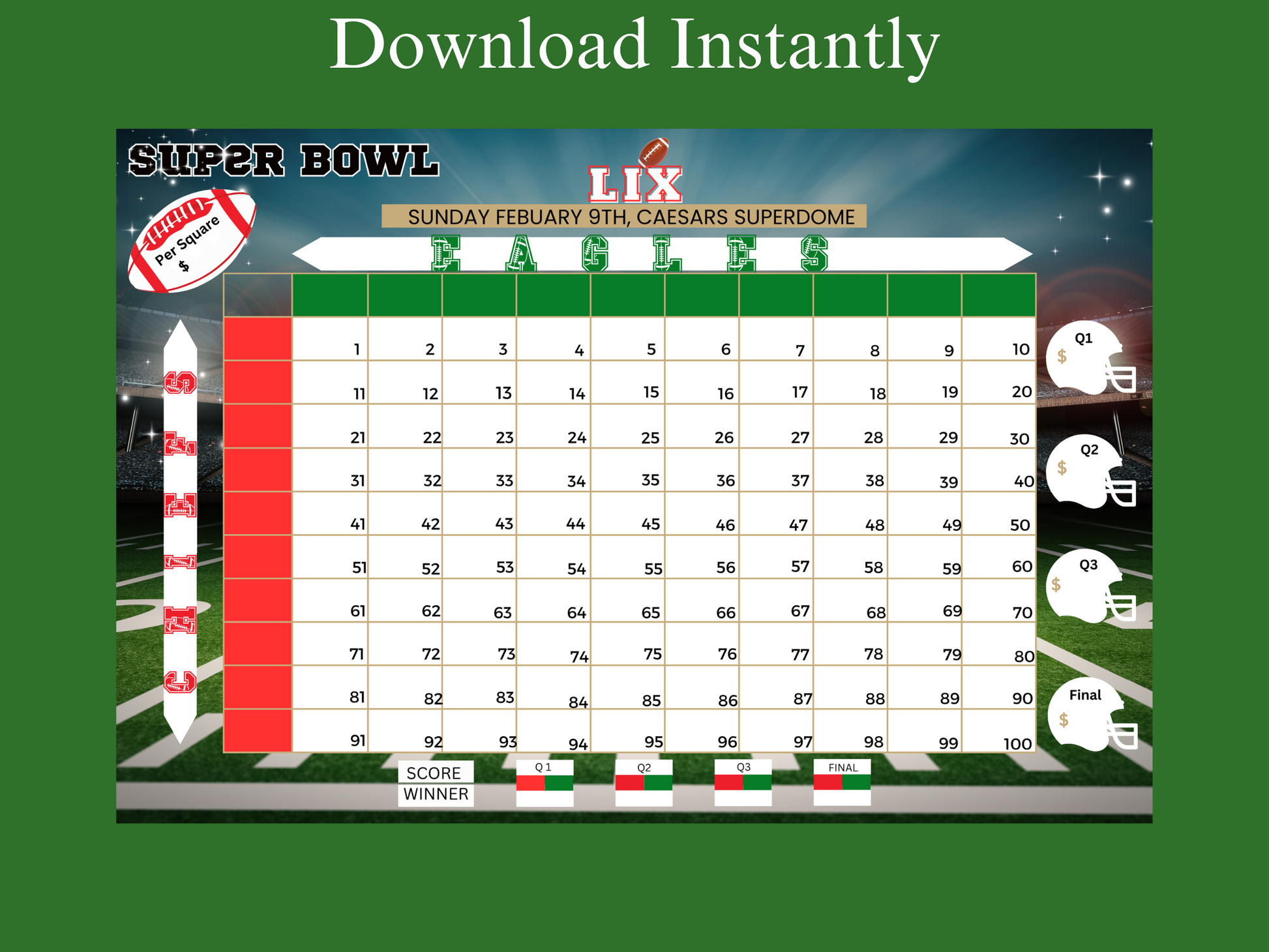 Super Bowl game, instant download, Super Bowl betting squares, eagles, chiefs, football squares,  football fundraiser