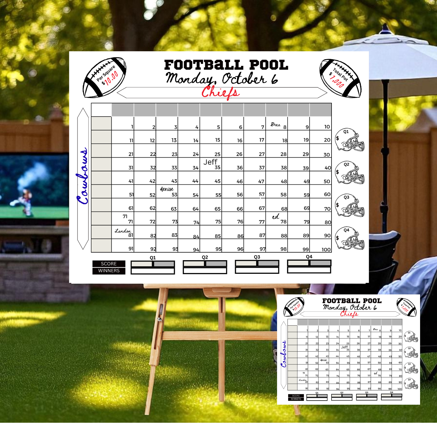 Football pool chart on an easel outdoors with a TV in the background