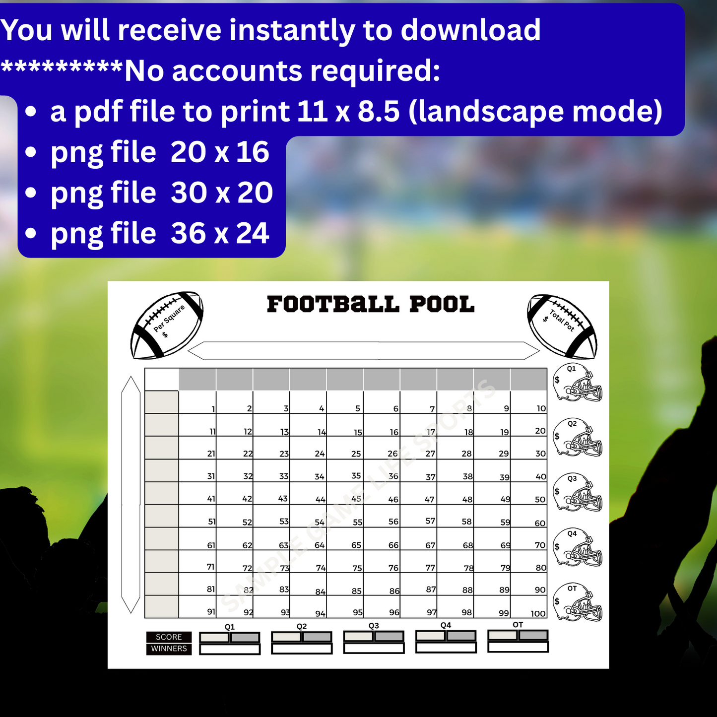 Football Pool 100 Squares With Overtime Instant Download No Account Requied