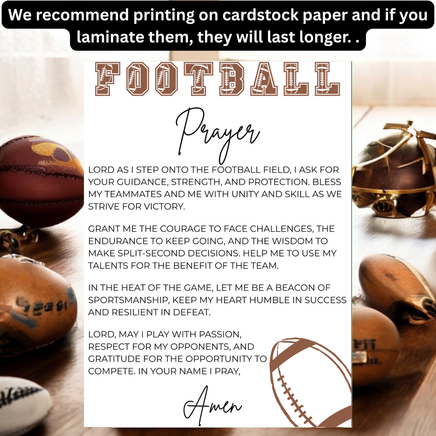 Instant Download Football Prayer Card-Inspirational Sports Prayer for Athletes, Coaches, Teams, and Families. (Printable)