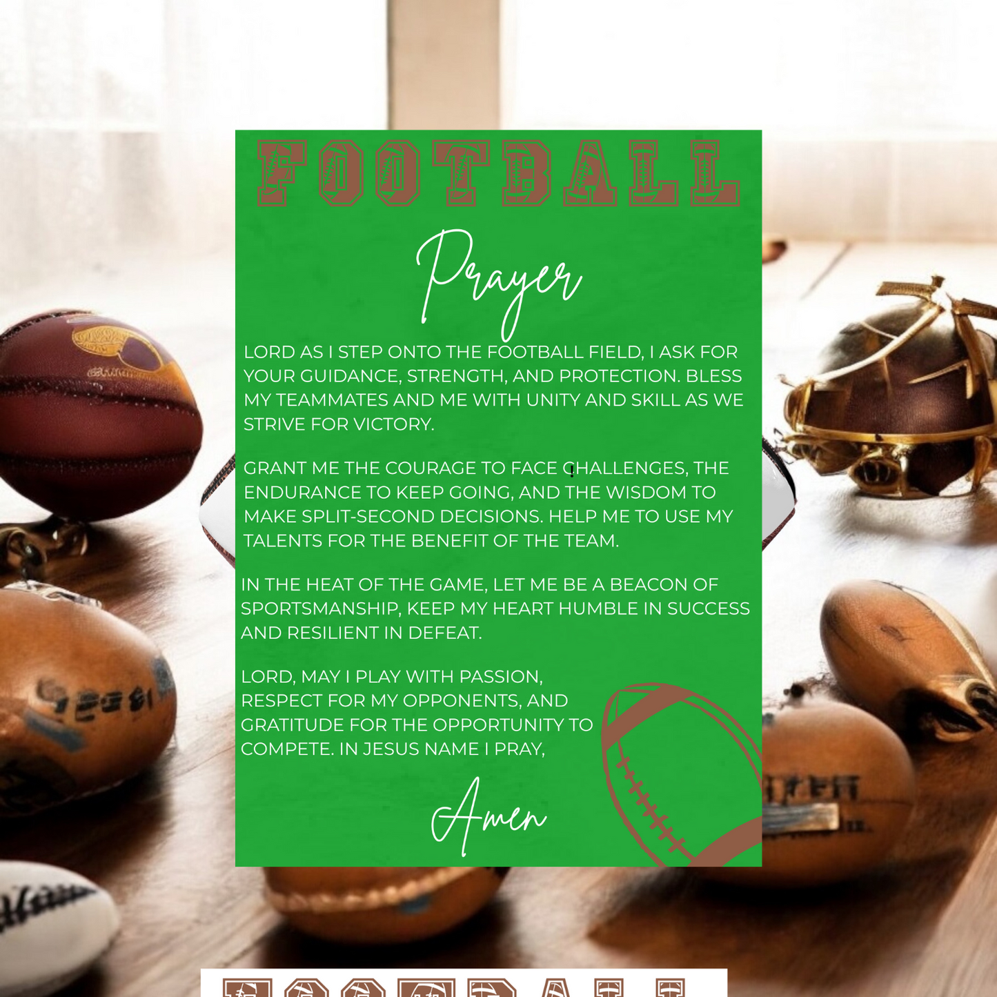 Instant Download Football Prayer Card-Inspirational Sports Prayer for Athletes, Coaches, Teams, and Families. (Printable)