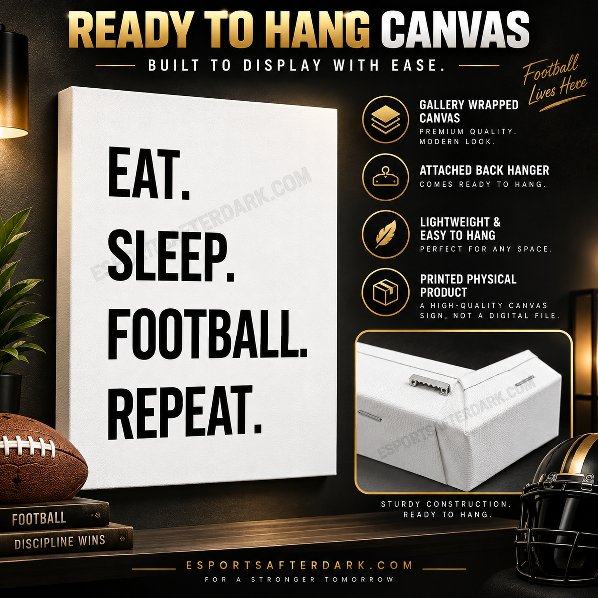 eat sleep football repeat canvas wall art man cave coaches gift, player wall art, football bedroom