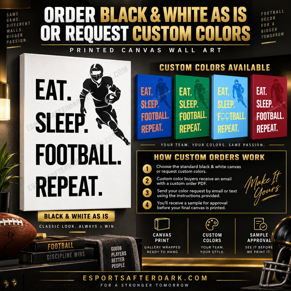 at sleep football repeat canvas wall art man cave coaches gift, player wall art, football bedroom custom colors