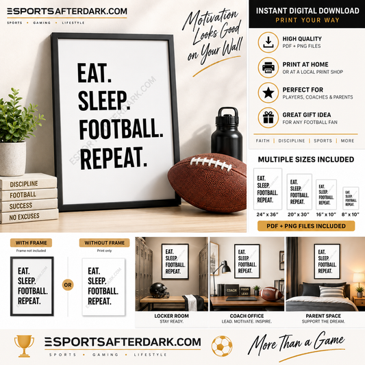 Eat Sleep Football Repeat Printable Wall Art | Football Digital Download