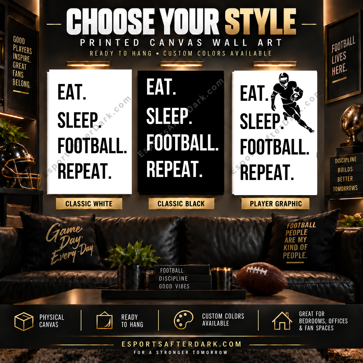 Eat Sleep Football Repeat Canvas Wall Art | Football Player, Coach & Man Cave Decor
