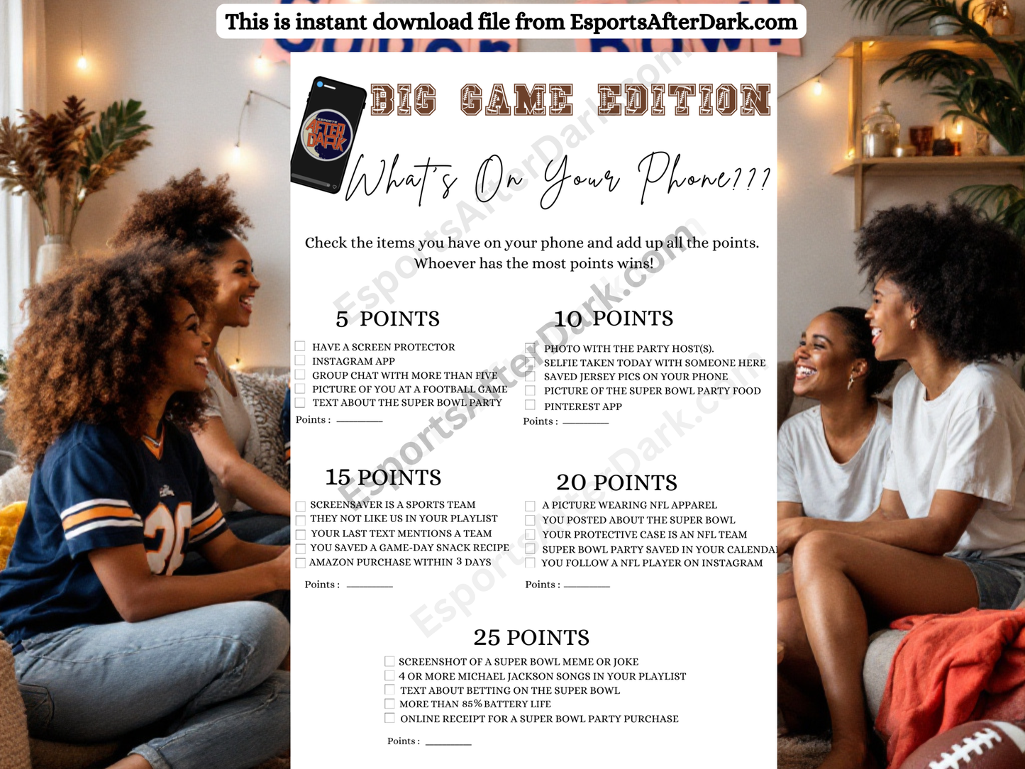 Two women sitting on a couch with a big Game themed what's on your phone game card 