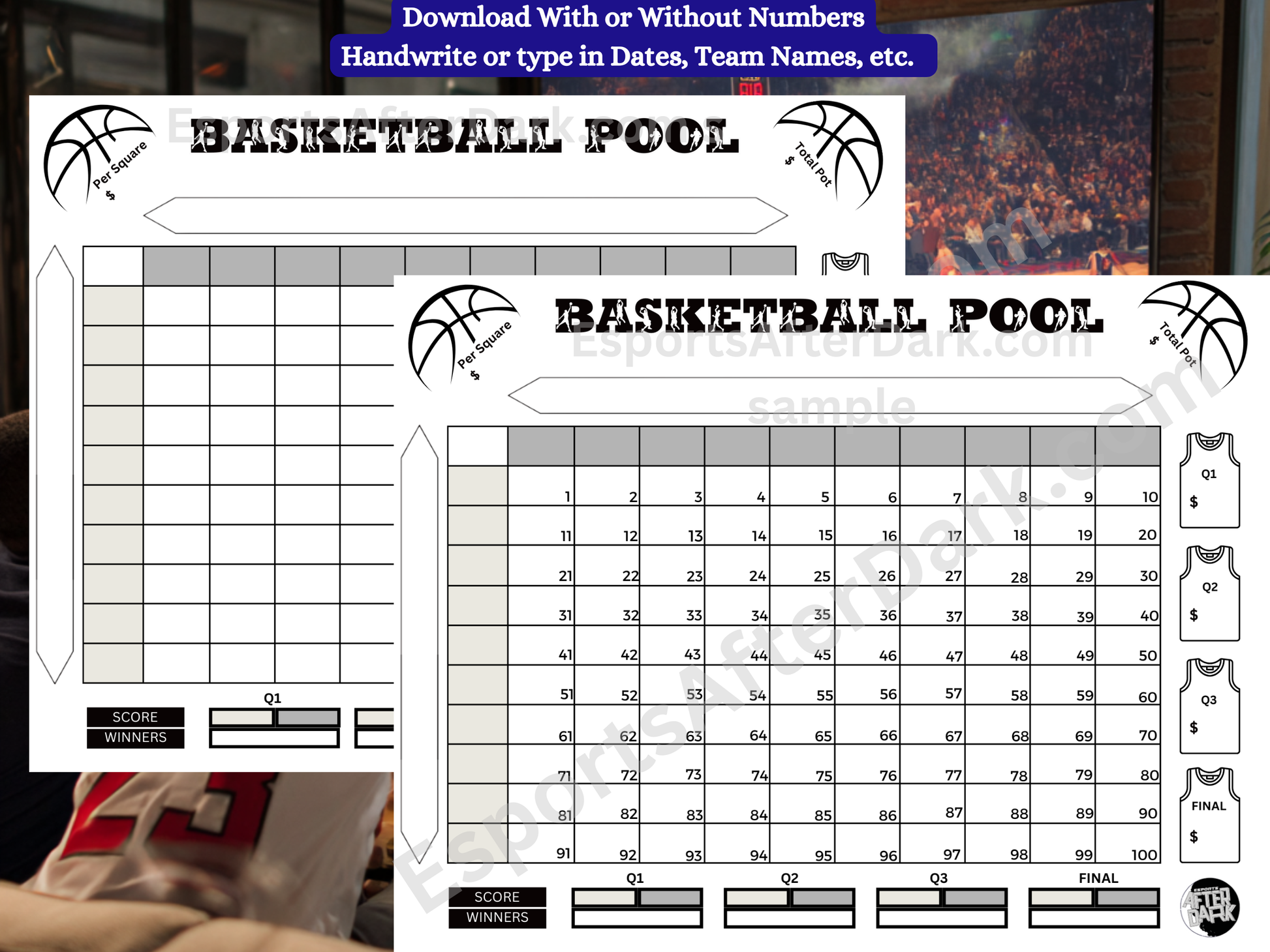 Basketball pool sheet with sample numbers and text on a white background