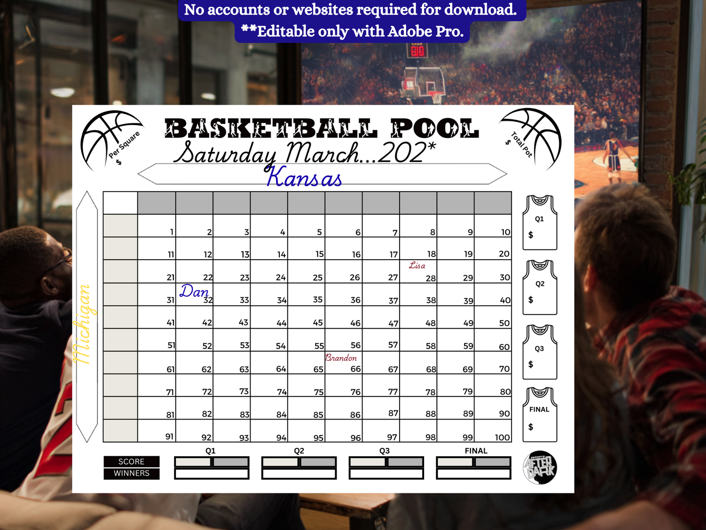 Basketball pool sheet for March 2022 with people in the background watching a basketball game.